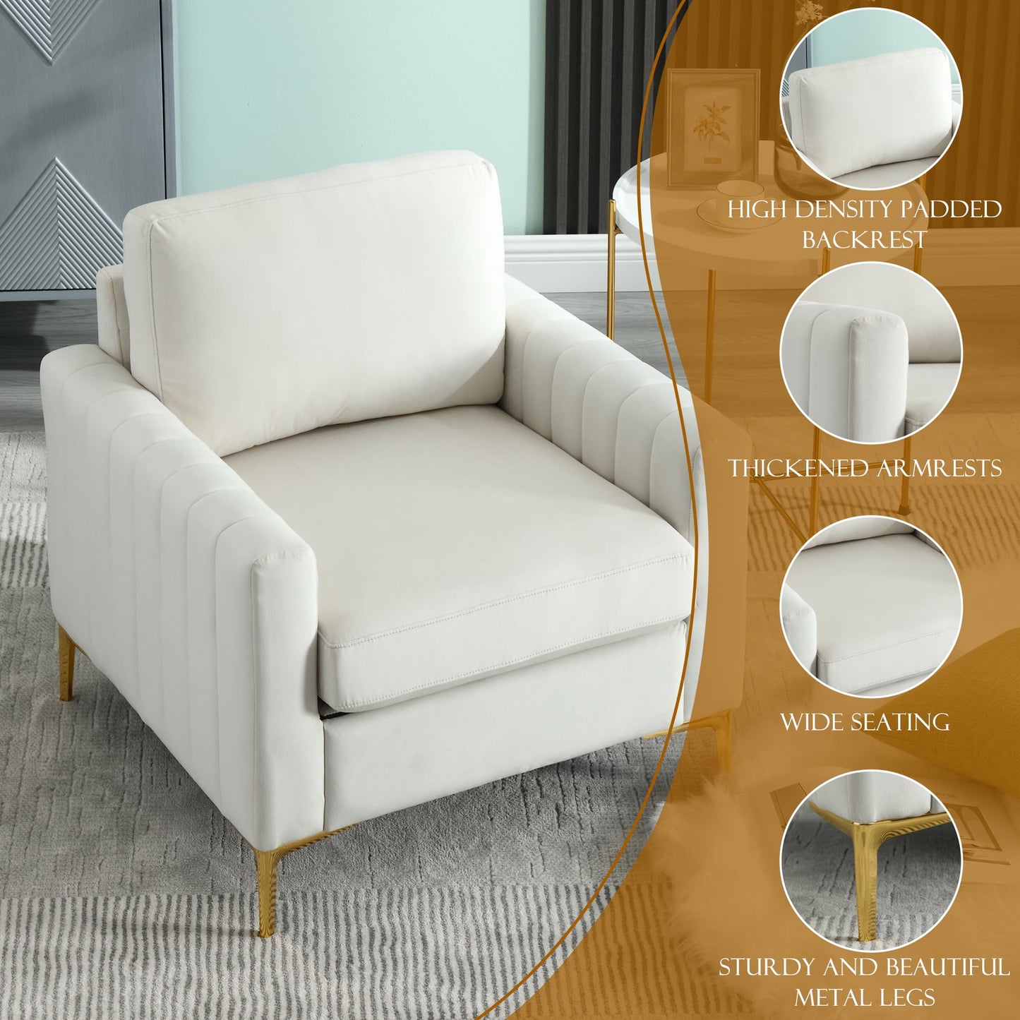 Muumblus Modern Accent Chair, Upholstered Single Sofa Chair Club Arm Chair for Living Room, Comfy Armchair with Metal Legs, Tufted Chair for Reading, Beige Velvet