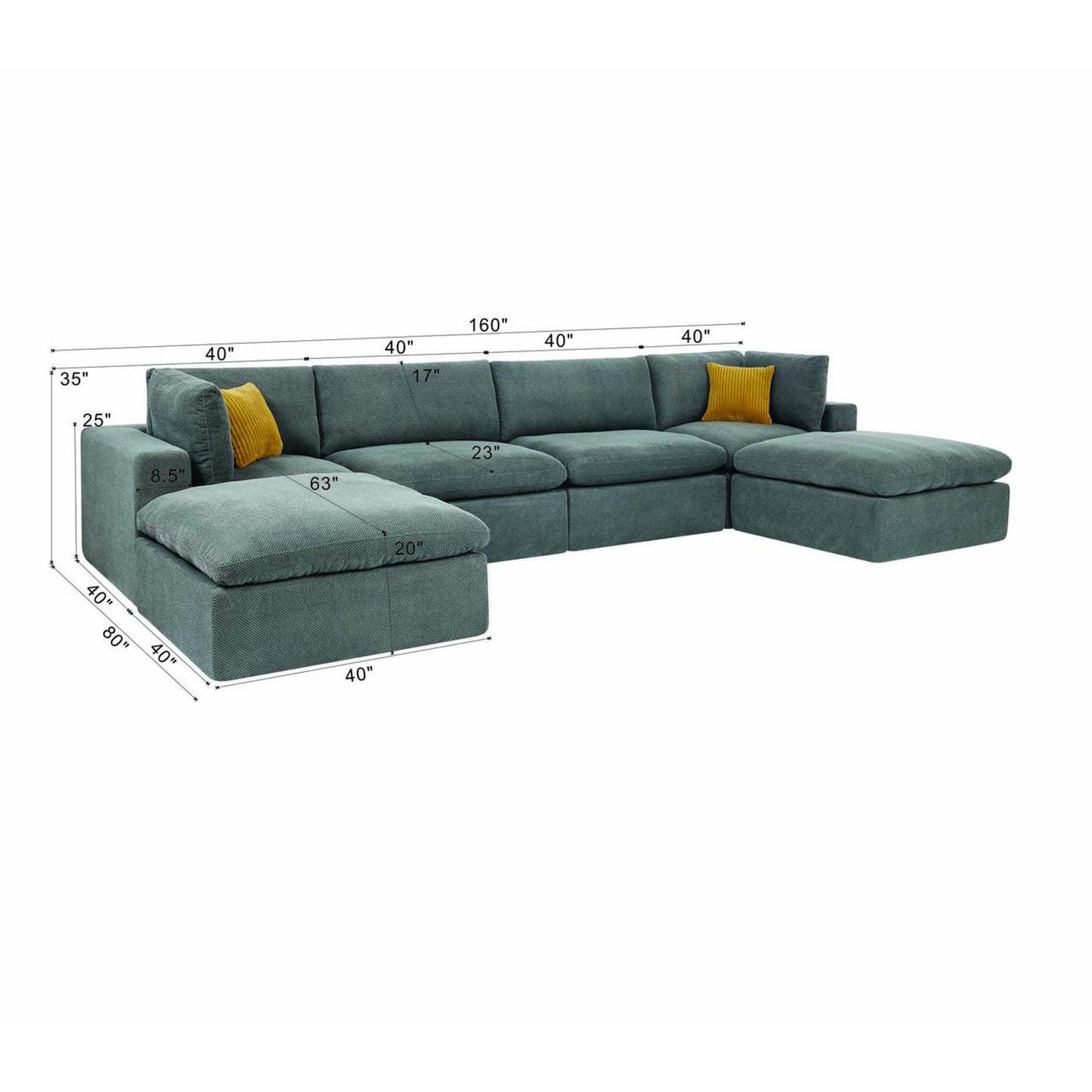 Muumblus 160" Oversized Modular Sectional Sofa with 2 Movable Chaise Ottomans, U-Shaped Boneless Cloud Couch for Living Room, Light Gray