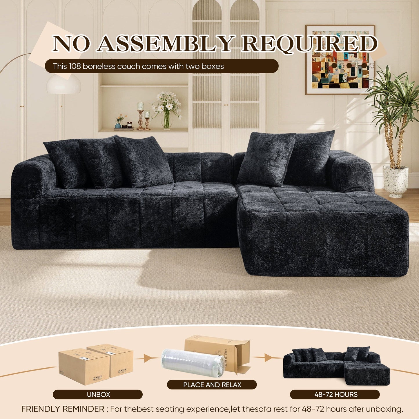 No Assembly Required, Muumblus 108" Oversized Modular Sectional Sofa, L-Shaped Boneless Cloud Couch, Modern Chenille Living Room Floor Sofa, Black (Right Facing Chaise)