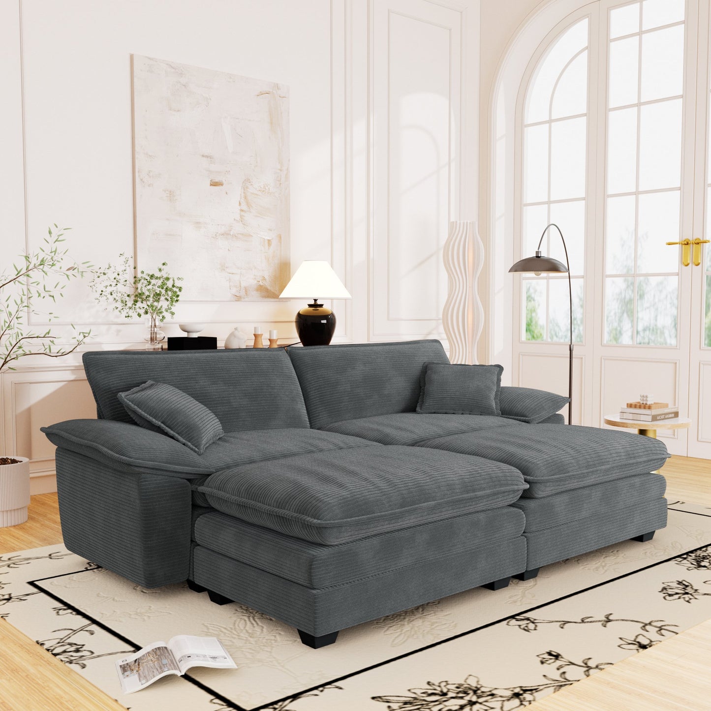 Muumblus Corduroy Comfy Sectional Sofa with 2 Ottoman, Modern Deep Seat Lounge Couch for Living Room