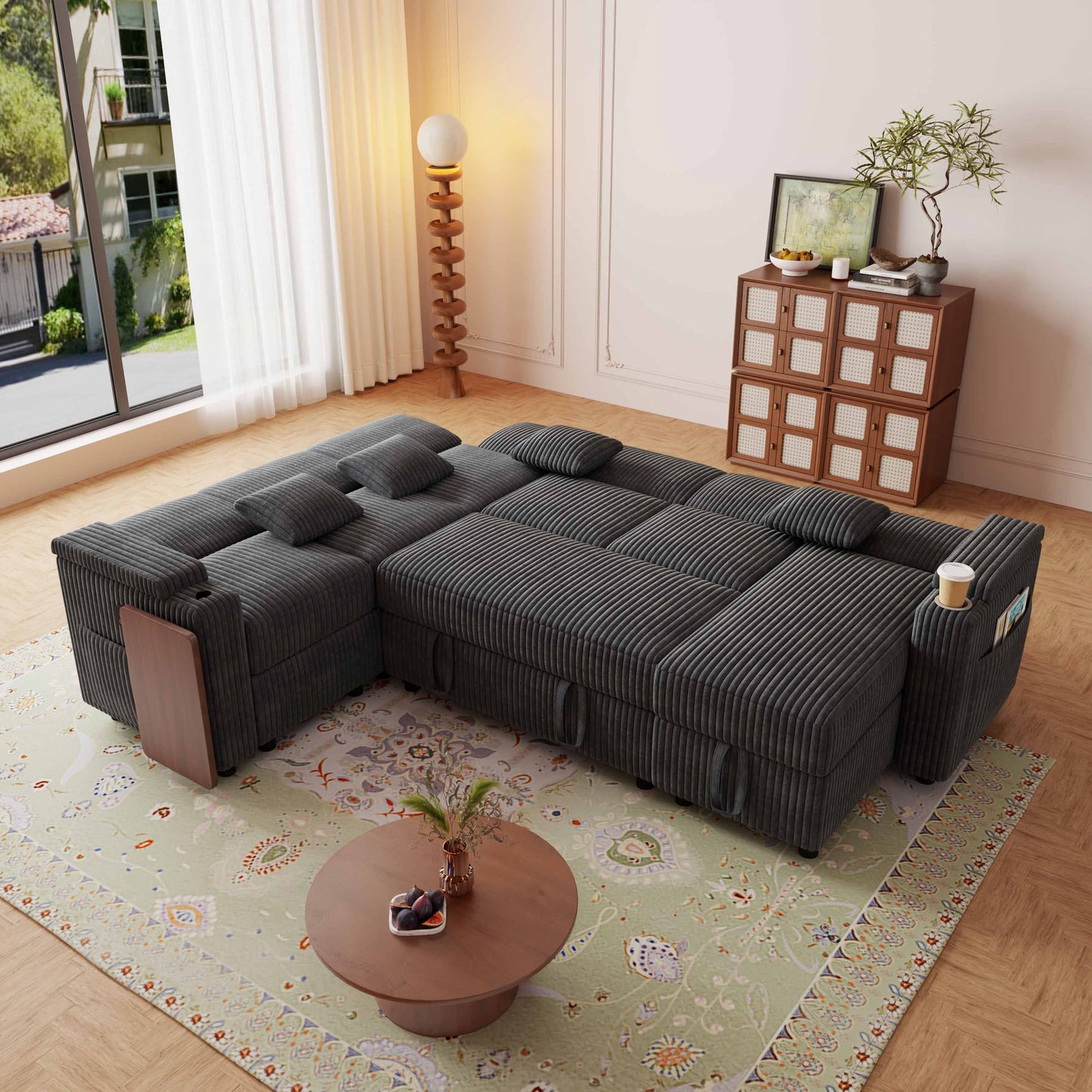 Muumblus Convertible Sectional Sleeper Sofa Bed with Side Table & Storage, Adjustable Back, Pull Out/Futon Corner Couch for Living Room, Dark Gray Corduroy