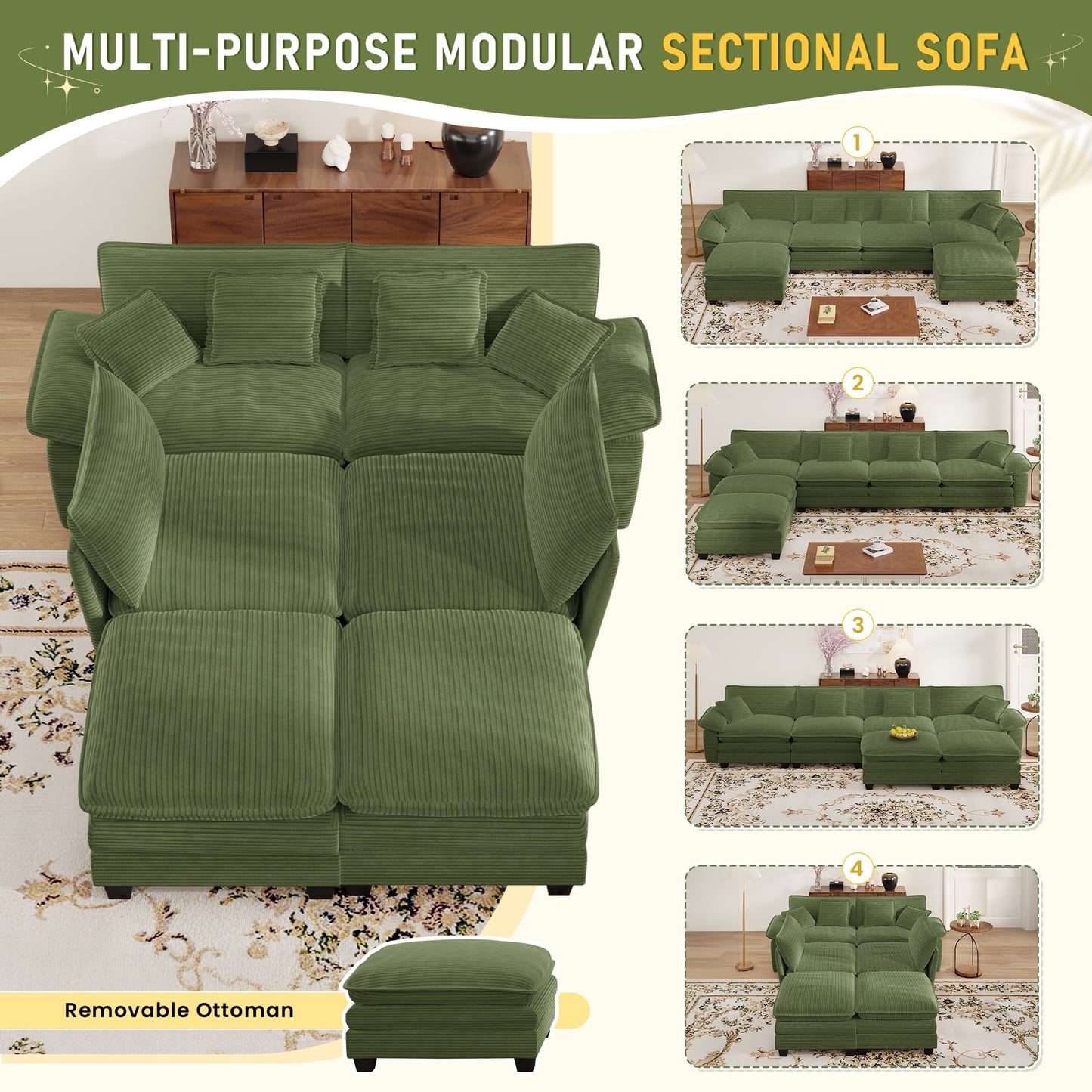 Muumblus Modular Sectional Cloud Couch with Ottoman, Oversized U-Shaped Corduroy Sofa for Living Room