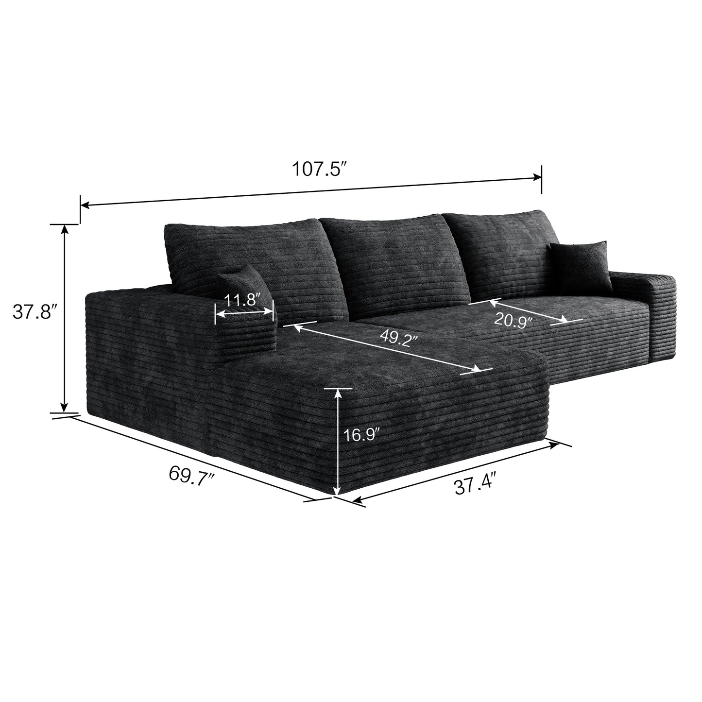 Muumblus 107" Cloud Sectional Sofa with Left Chaise, Cozy L-Shaped Modular Sofa, Plush Corduroy Sleeper Bed Couch, No Assembly Required, Black
