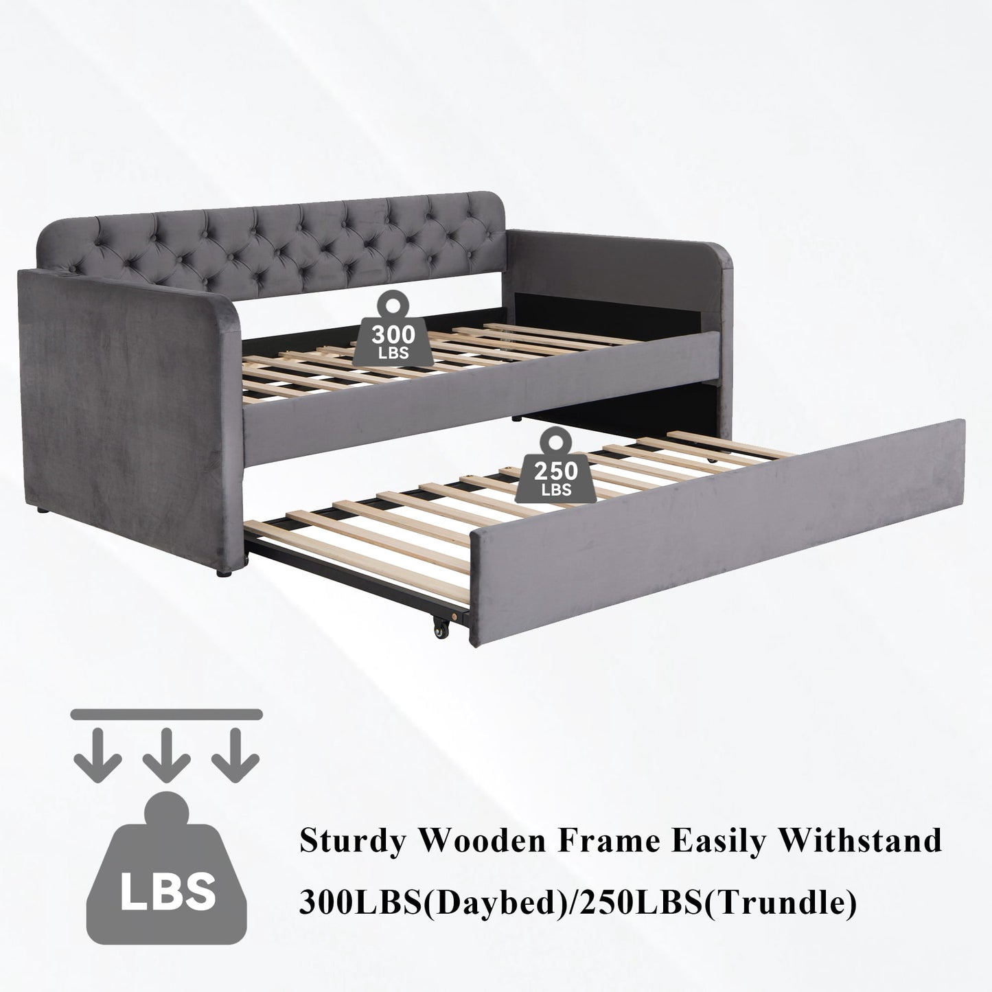 Muumblus Twin Size Daybed with Trundle Bed with USB Ports, Modern Velvet Tufted Bed Frame for Bedroom, Not Box Spring Required, Dark Gray