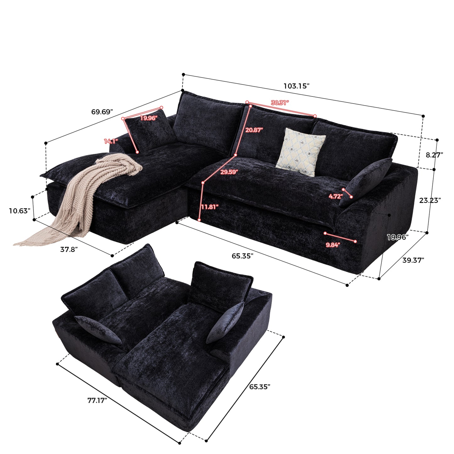 Muumblus 103" Boneless Sectional Sofa with Left Chaise, Comfy L-Shaped Modular Couch for Living Room, No Assembly Required, Black Chenille