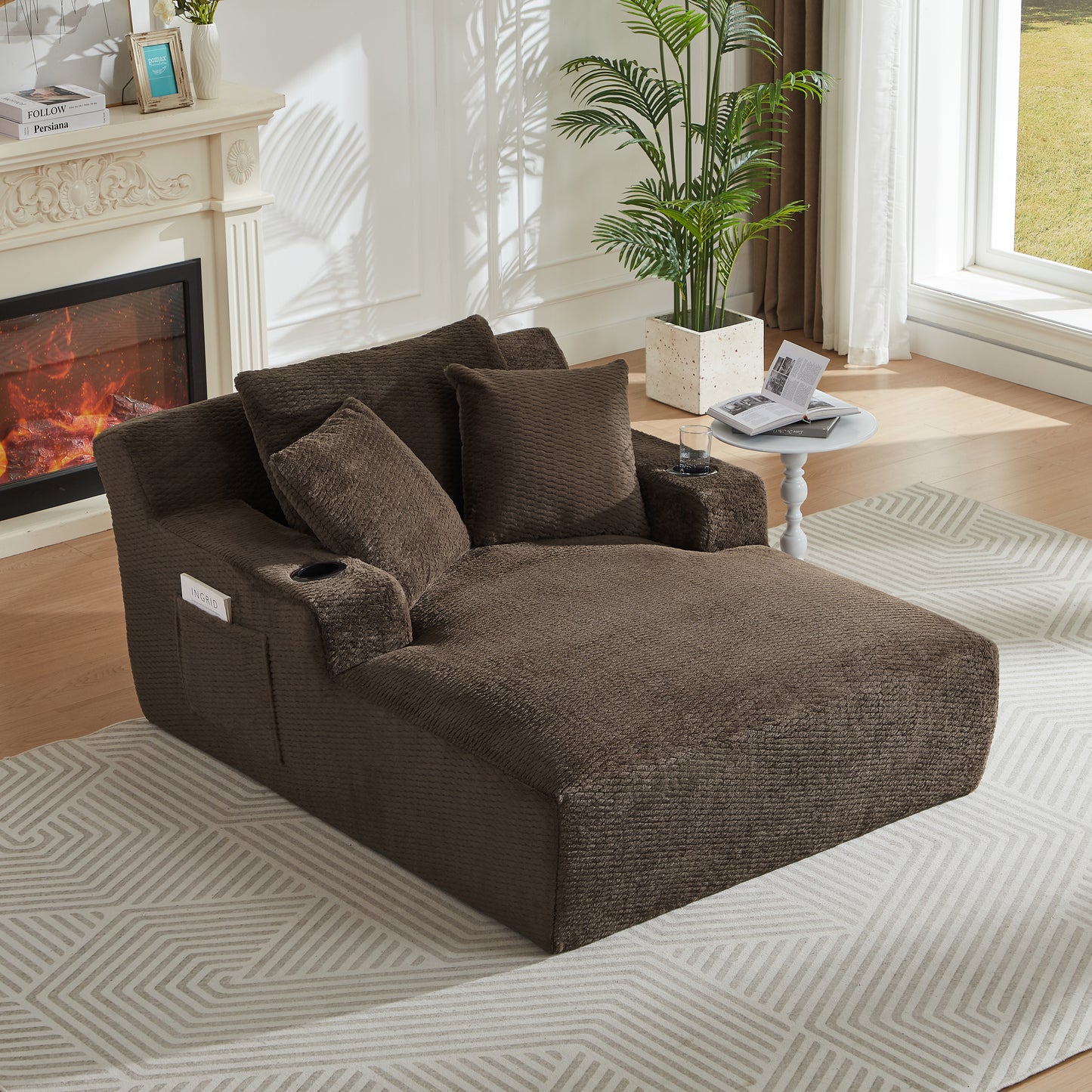 Muumblus Chaise Lounge Chair Indoor, Faux Fur Lounge Chair with Cup Holders, No Assembly Boneless Sleeper Sofa Bed for Living Room, Gray