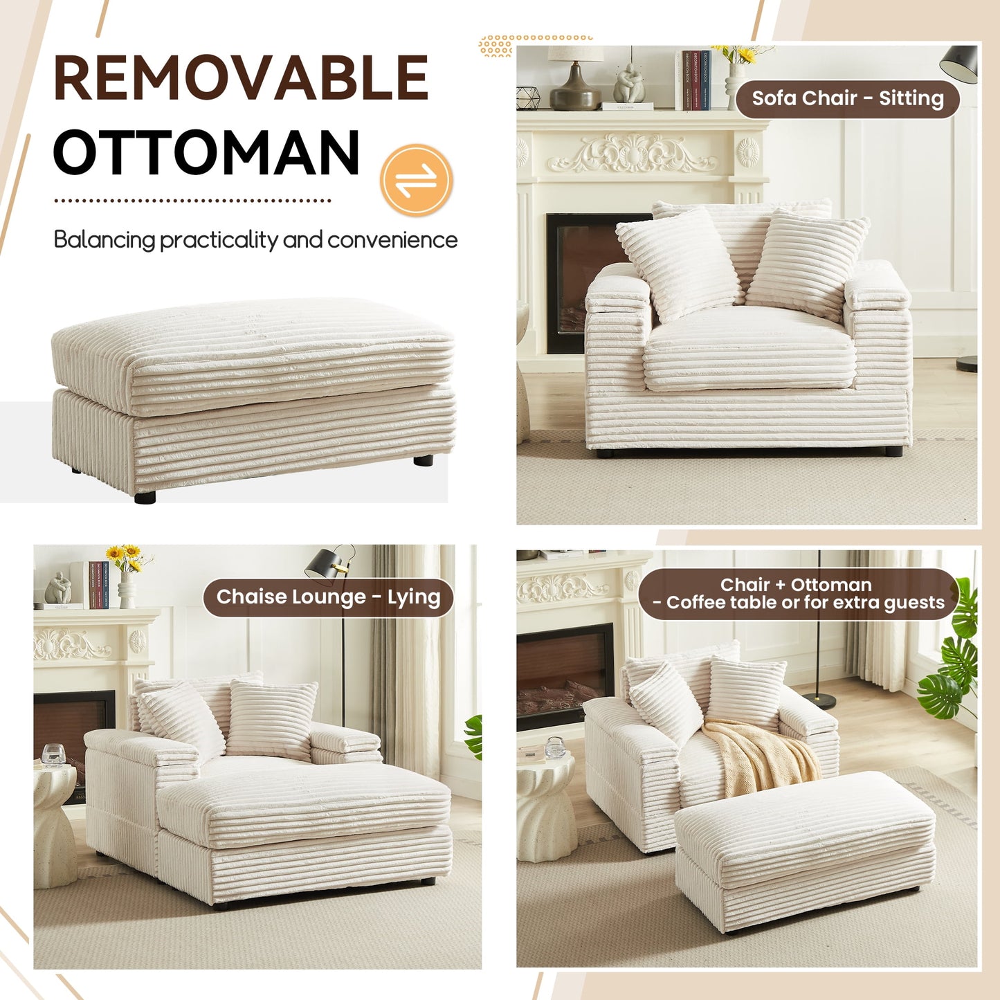 Muumblus Oversized Lounge Chair with Ottoman, Cloud Accent Reading Armchair for Living Room, White Chenille