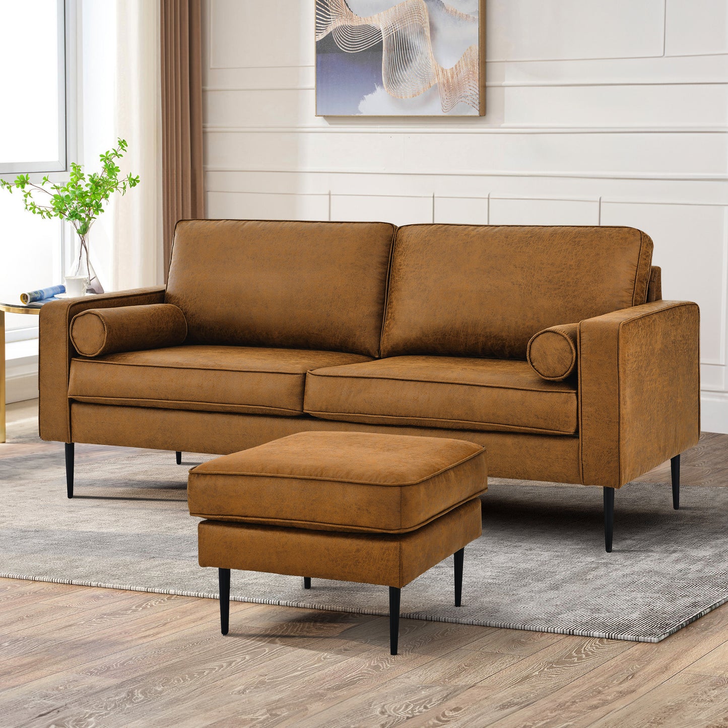 Muumblus Mid-Century Ottoman for Living Room, Foot Stool in Brown Faux Leather
