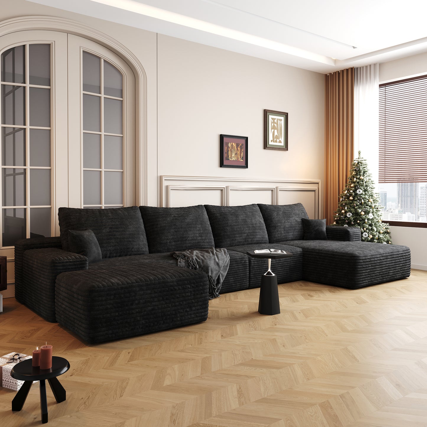 Muumblus 135" Cloud Sectional Sofa with Left Chaise, Cozy U-Shaped Modular Sofa with Ottoman, Plush Corduroy Sleeper Bed Couch, No Assembly Required, Black