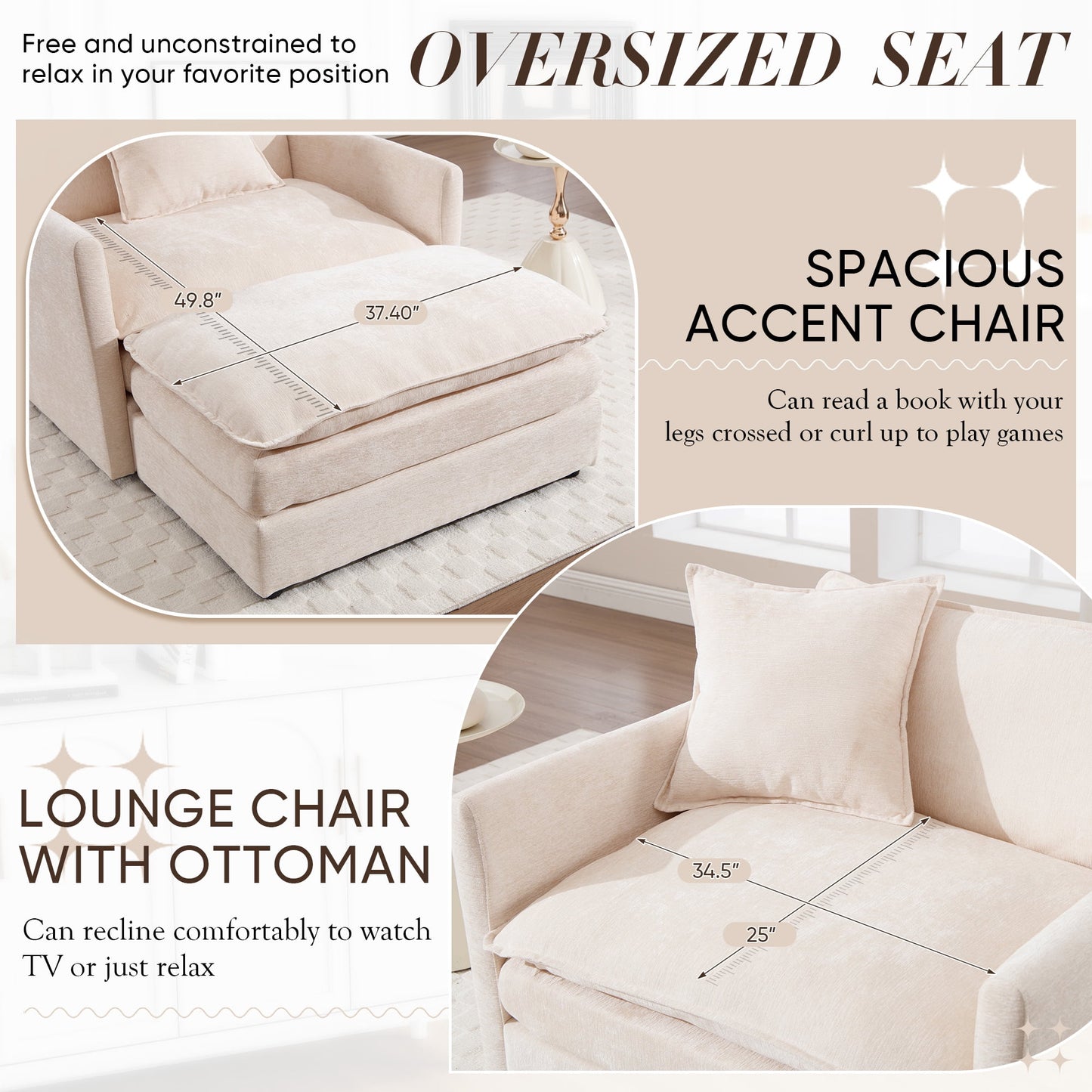 Muumblus Oversized Lounge Chair with Ottoman, Cloud Accent Armchair in Beige Chenille