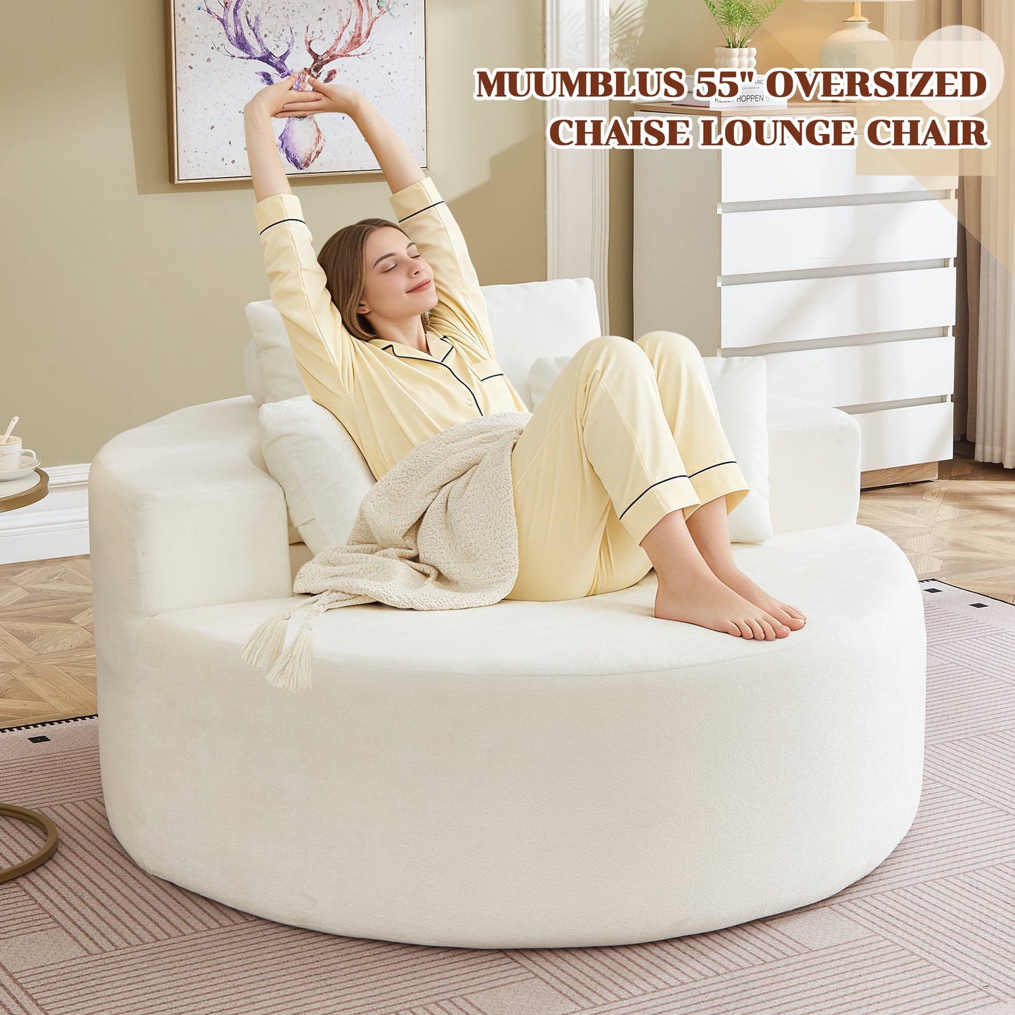 Muumblus Oversized Round Lounge Chaise Chair Indoor,Corduroy Boneless Cloud Couch with 3 Pillows, No Assembly Required, Modern Accent Chair for Living Room, Beige Chenille