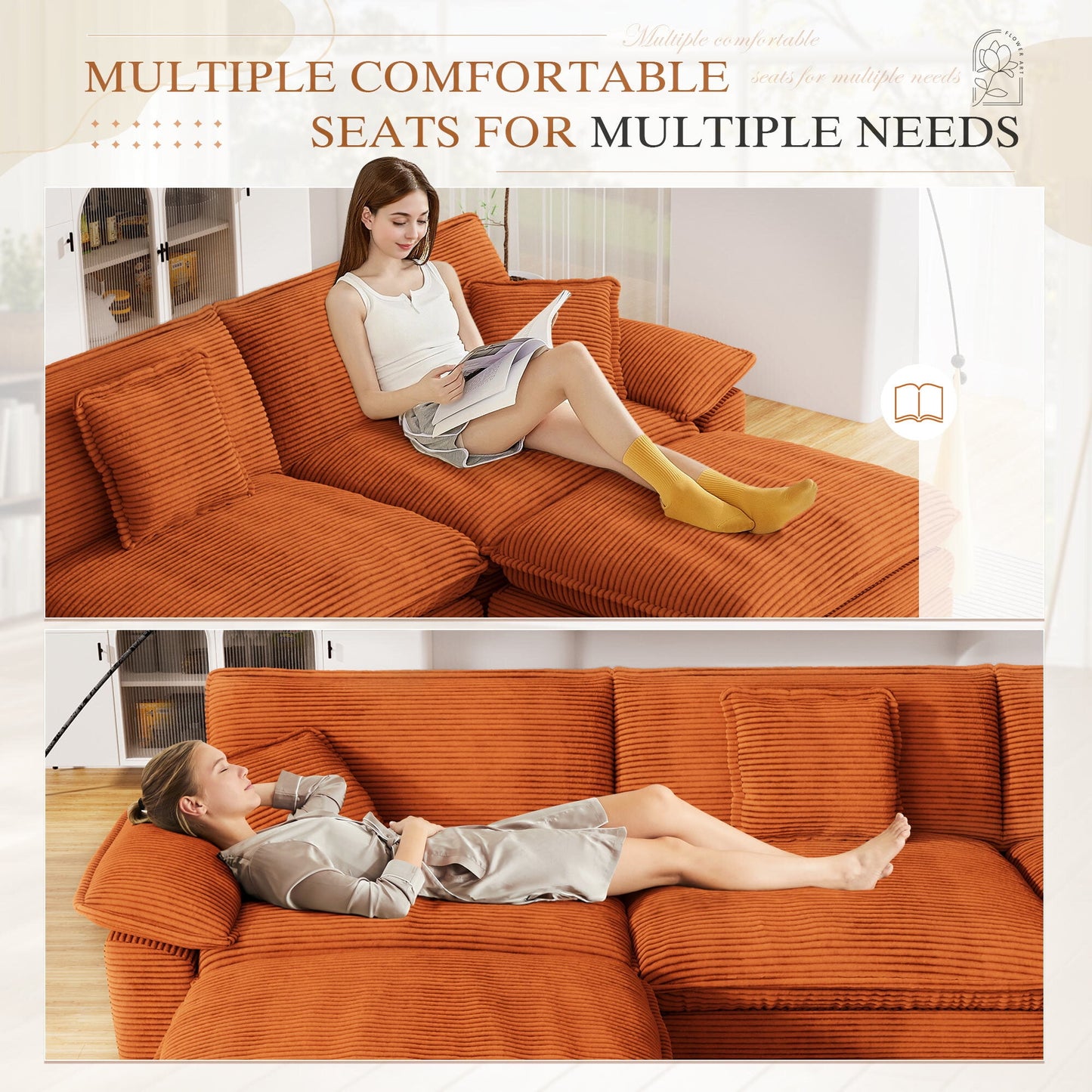 Muumblus Modular Sectional Cloud Couch with Ottoman, Oversized L-Shaped Corduroy Sofa for Living Room