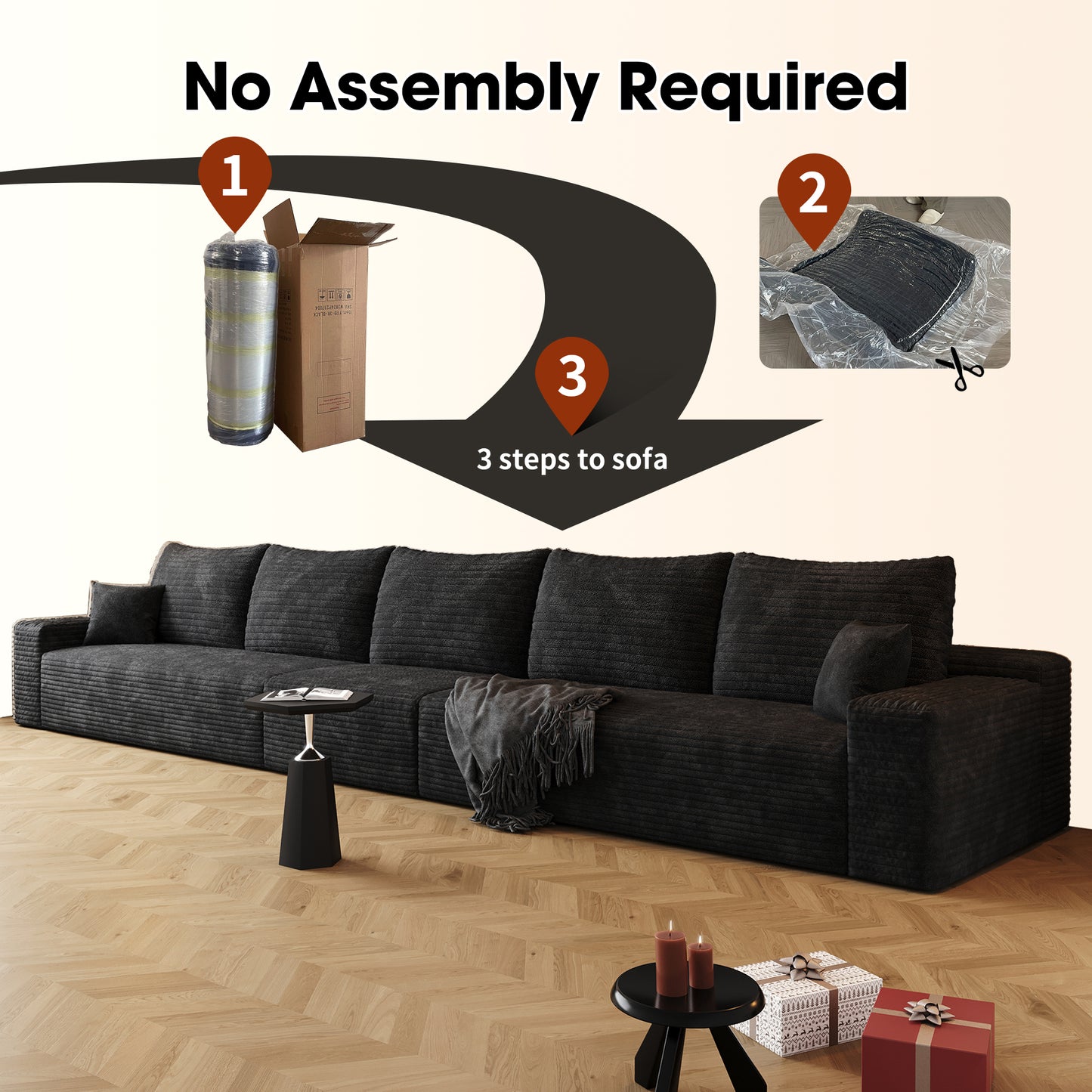Muumblus 168" Cloud Sectional Sofa, Cozy 5-Seater Modular Sofa, Plush Corduroy Sleeper Bed Couch, No Assembly Required, Black