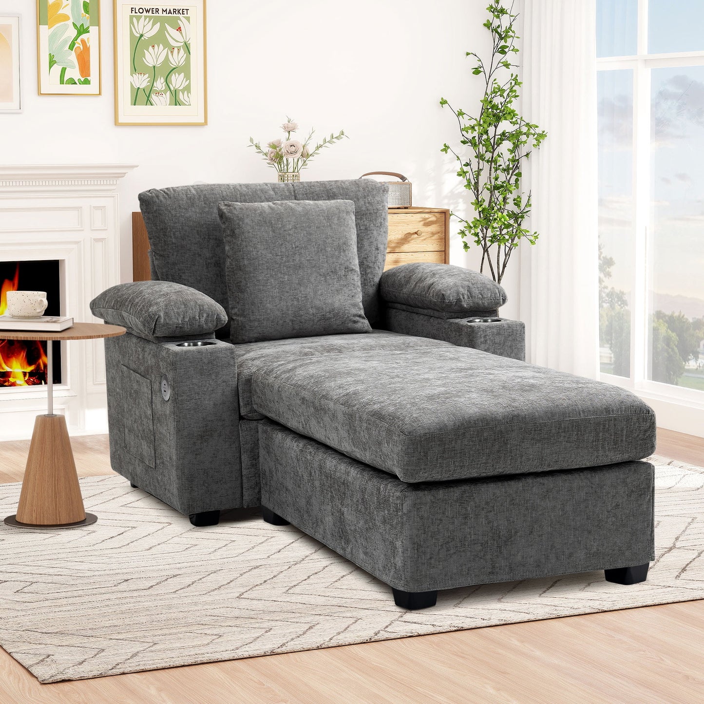 Muumblus Accent Chair with USB & Storage Arms, Cozy Indoor Lounge Chair with Ottoman