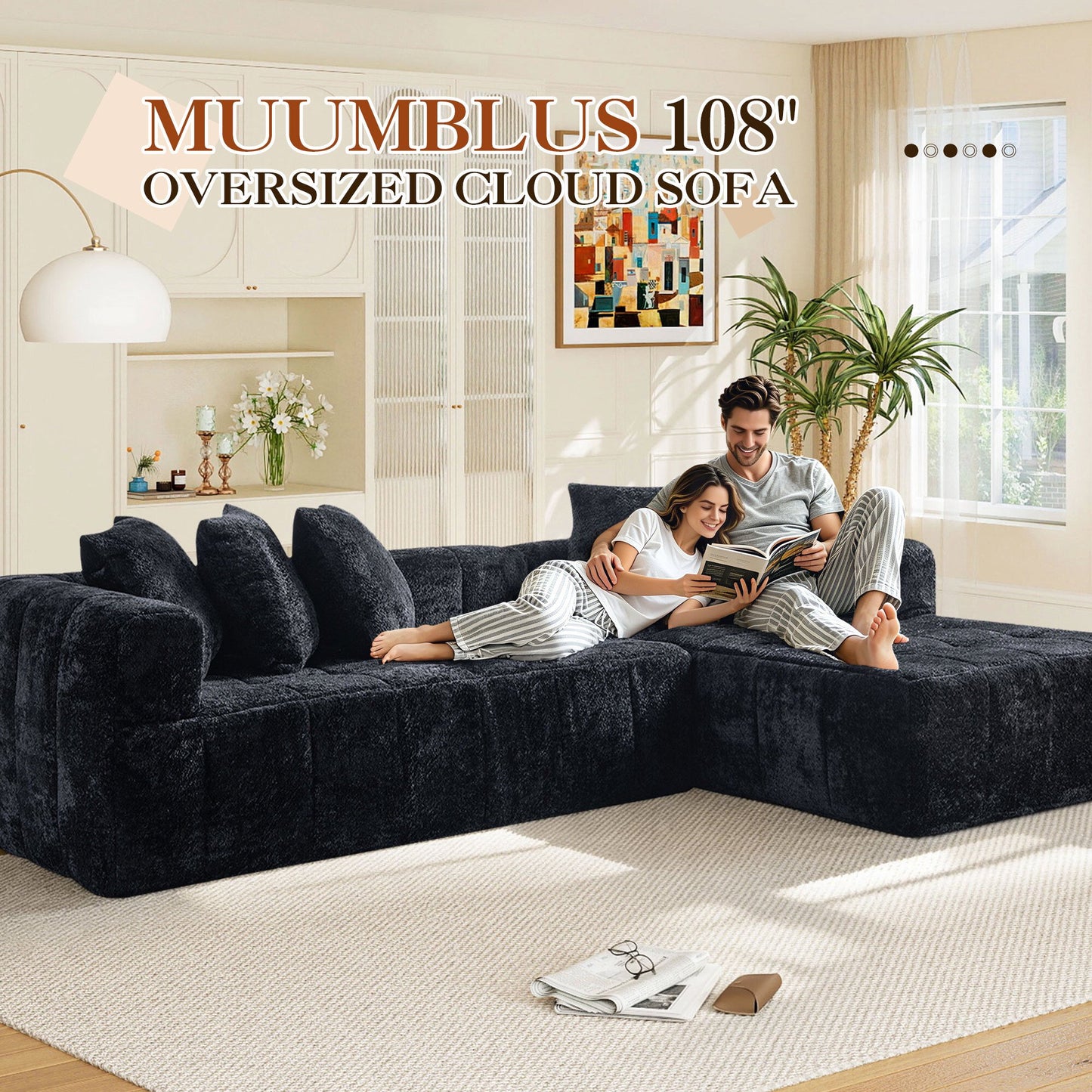 No Assembly Required, Muumblus 108" Oversized Modular Sectional Sofa, L-Shaped Boneless Cloud Couch, Modern Chenille Living Room Floor Sofa, Black (Right Facing Chaise)