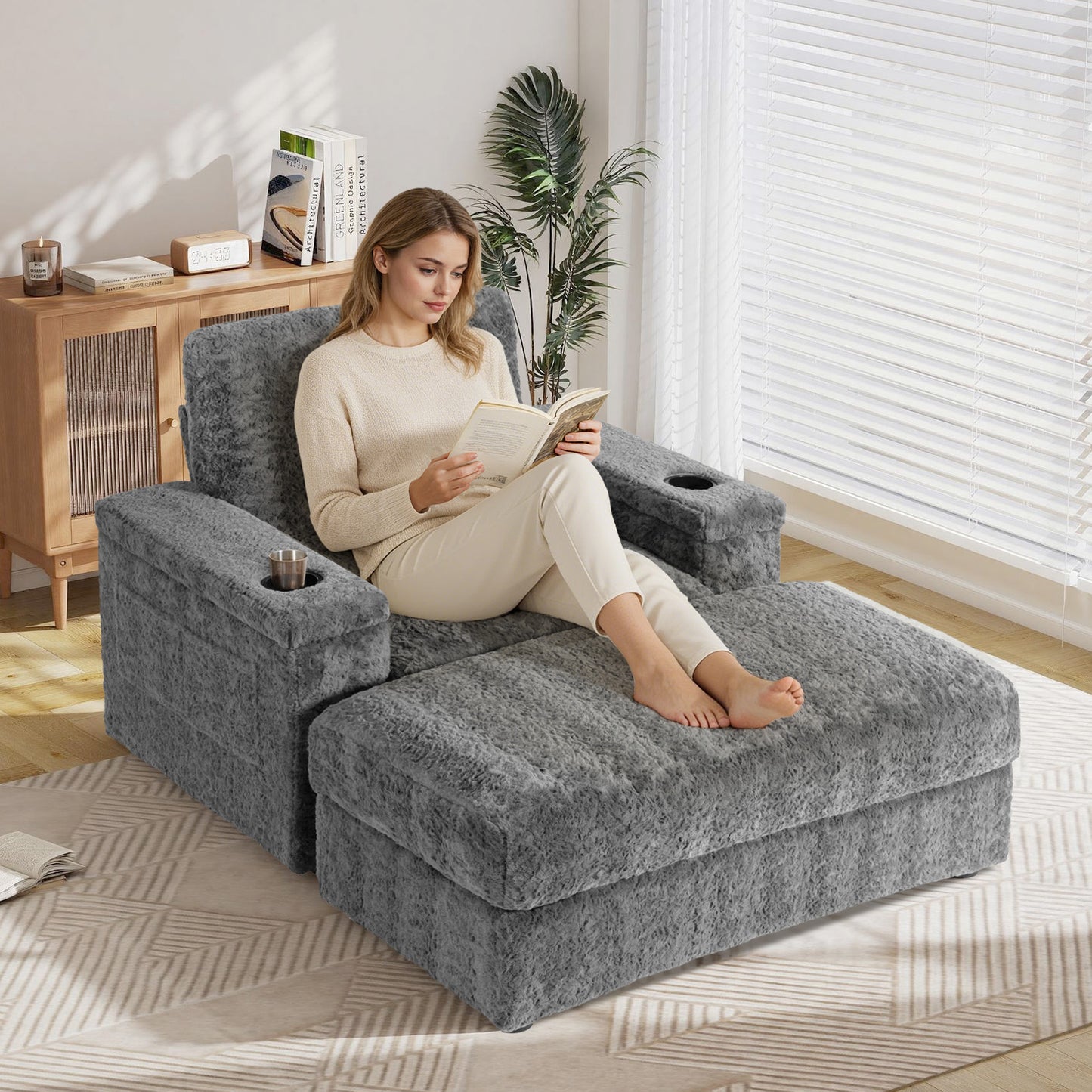 Muumblus 42" Chaise Lounge Indoor, Accent Armchair with Storage Ottoman & Armrests, Oversized Lounge Chair Sleeper Chair for Living Room, Gray Faux Rabbit Fur