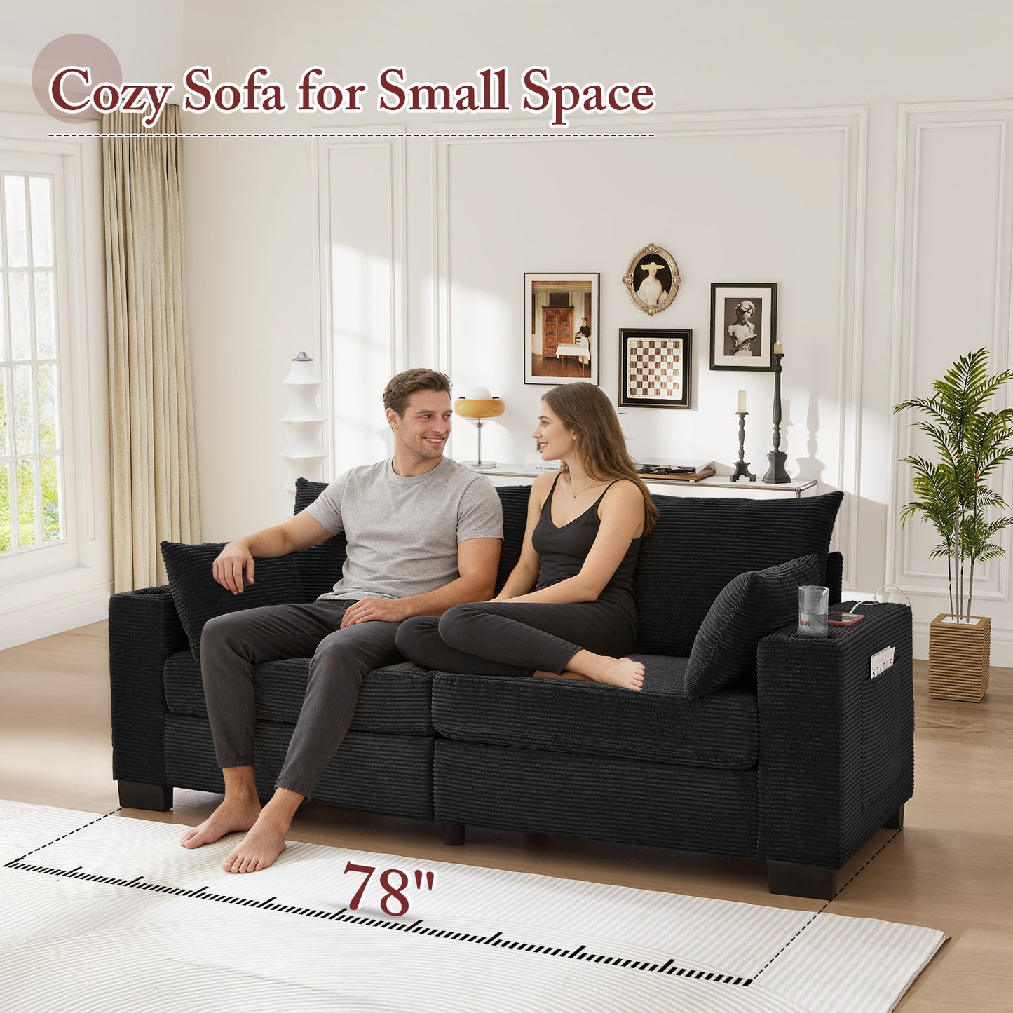 Muumblus 78"L Corduroy Sofa with USB & Cup Holders & Pockets, Deep Seat Living Room Upholstered Sofa, Black