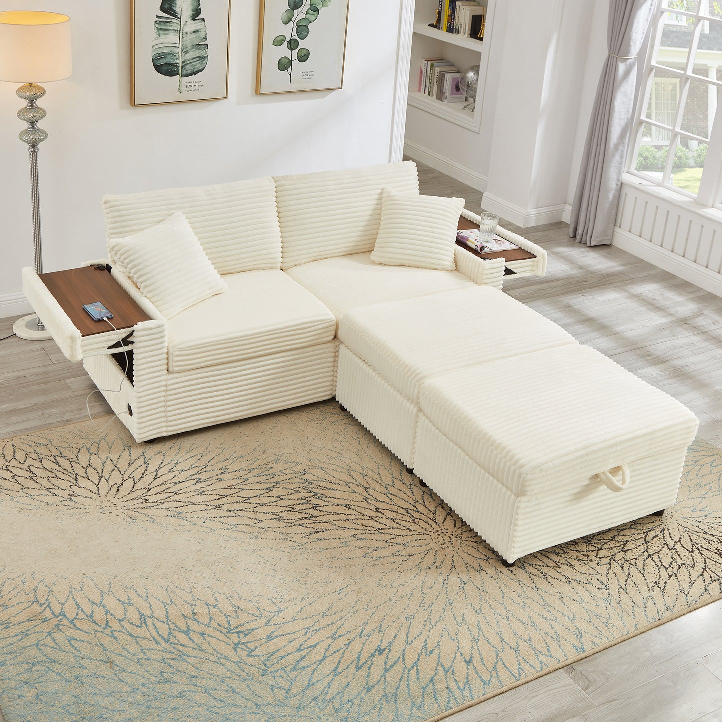 Muumblus Modular Sectional Sofa with 2 Storage Ottomans, 2 Side Tables & USB, Cozy Double Chaise Lounge Cloud Sofa, Plush Corduroy Sleeper Bed Couch for Living Room, White
