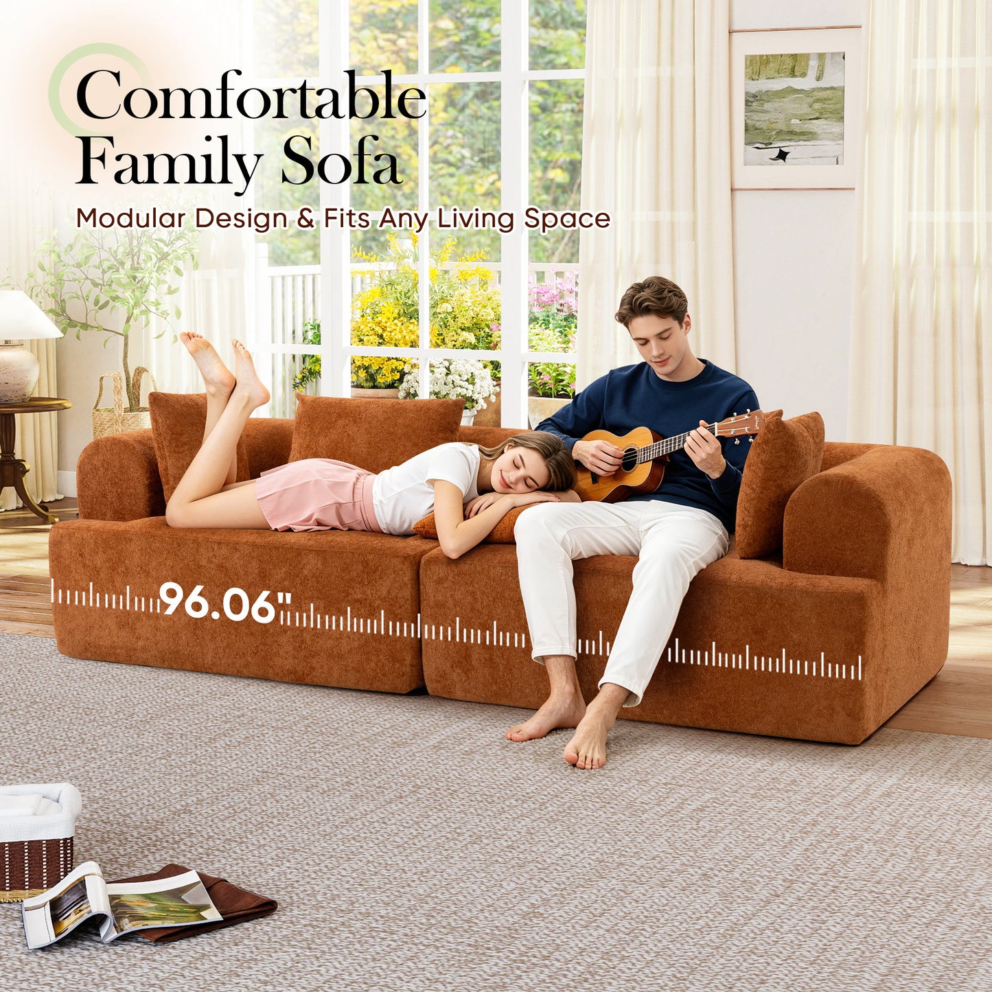 Muumblus Boneless Modular Sectional Sofa, 96" Oversized Deep Seat Loveseat Sofa, Cozy Cloud Living Room Couch, Orange Teddy