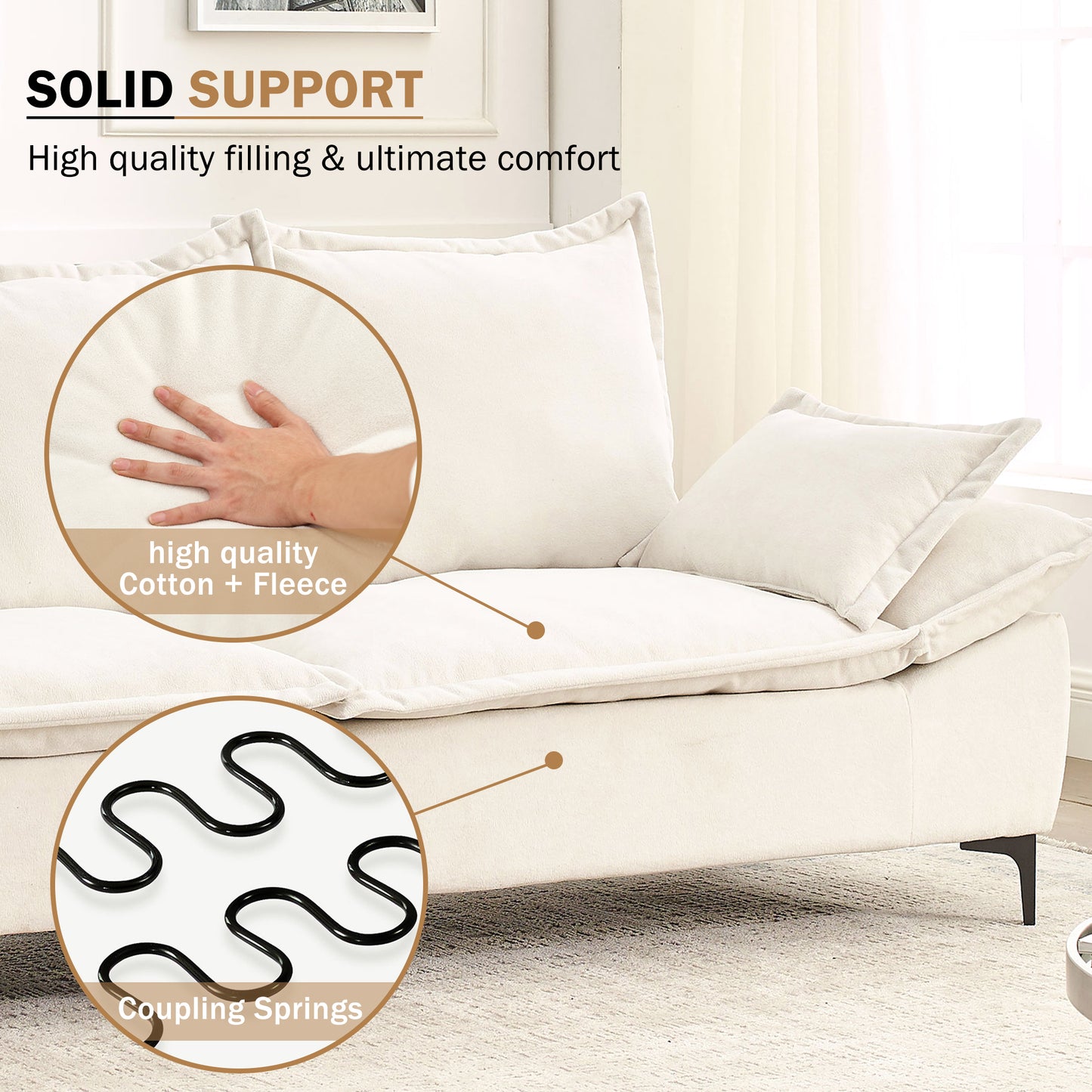 Muumblus 88.5" Upholstered Sofa Couch, 3 Seater Loveseat Sofa with 2 Pillows, Modern Velvet Couch for Living Room, Beige