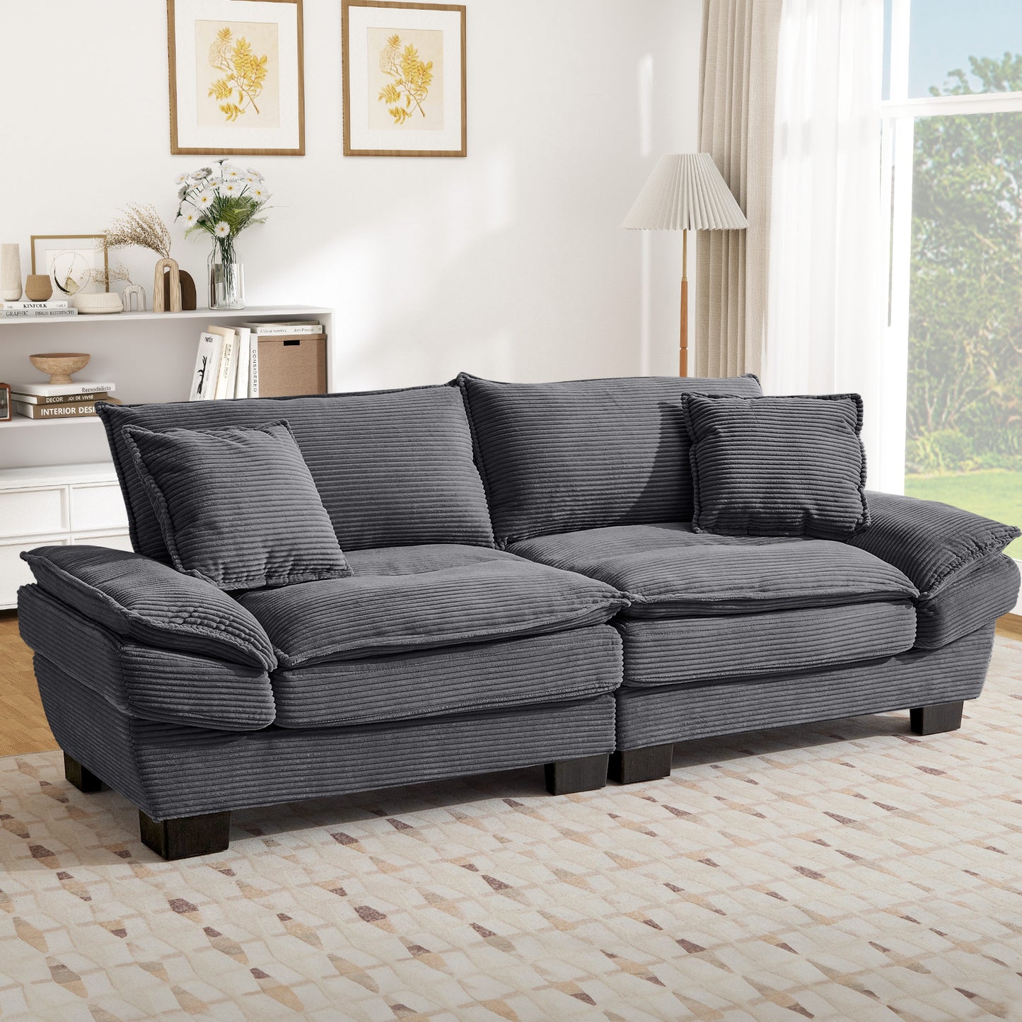 Muumblus 80"L Corduroy Deep Seat Sofa, Upholstered 3-Seater Sleeper Couch for Living Room, Black