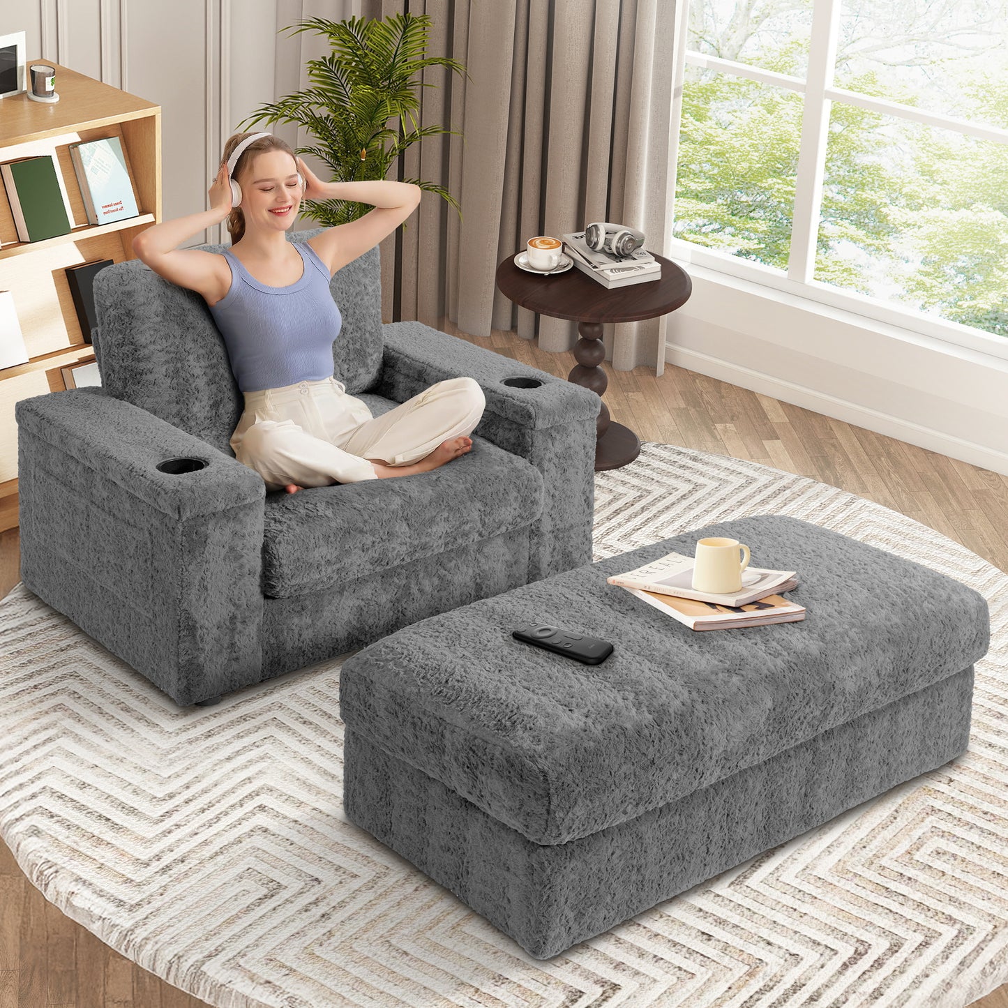 Muumblus 42" Chaise Lounge Indoor, Accent Armchair with Storage Ottoman & Armrests, Oversized Lounge Chair Sleeper Chair for Living Room, Gray Faux Rabbit Fur