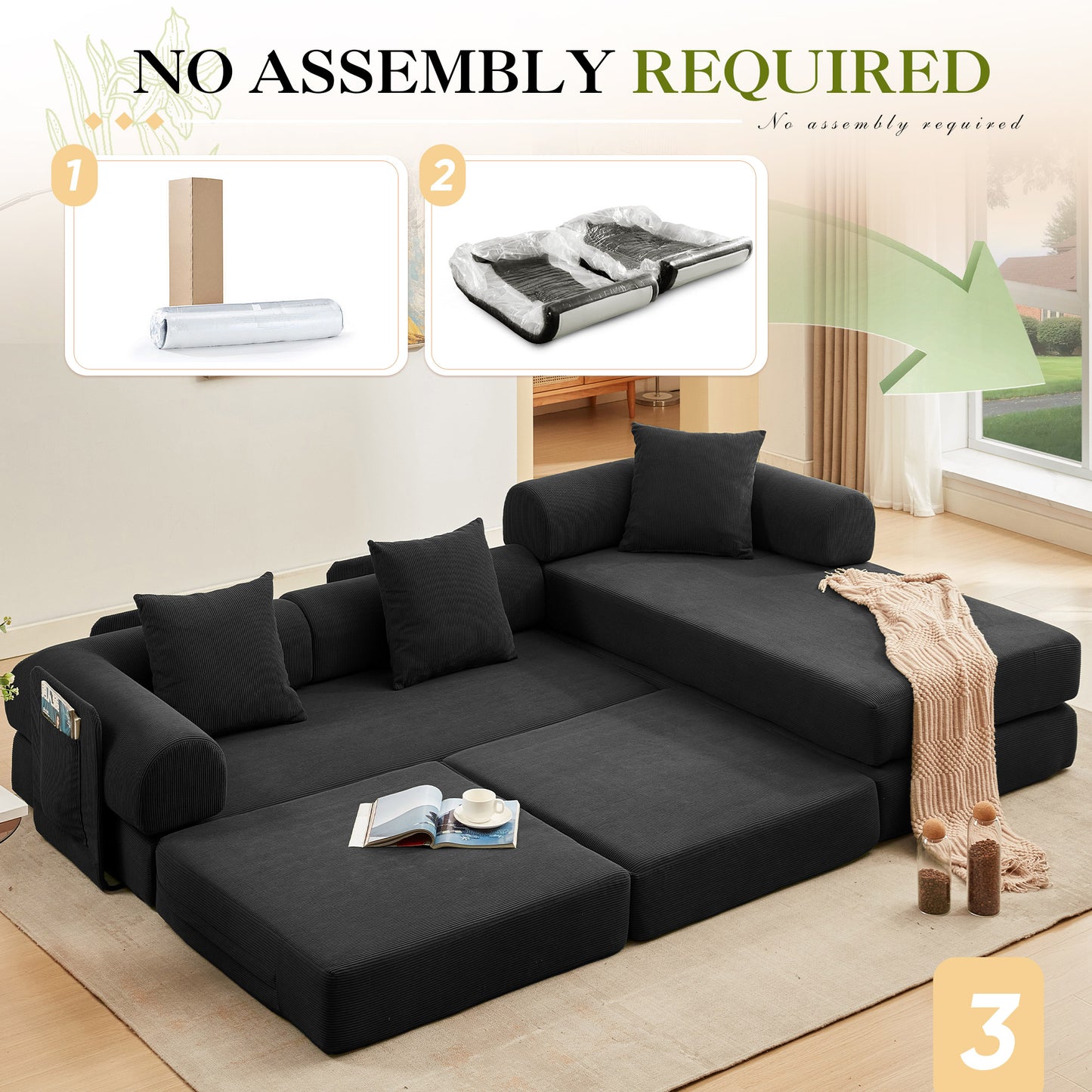 Muumblus L-Shape Convertible Floor Sofa Bed, Comfy Foldable Modular Sleeper Sectional Couch for Living Room, Bedroom