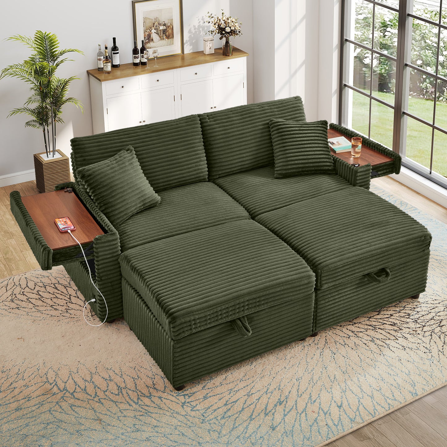 Muumblus Modular Sectional Sofa with 2 Storage Ottomans, 2 Side Tables & USB, Cozy Double Chaise Lounge Cloud Sofa, Plush Corduroy Sleeper Bed Couch for Living Room, White