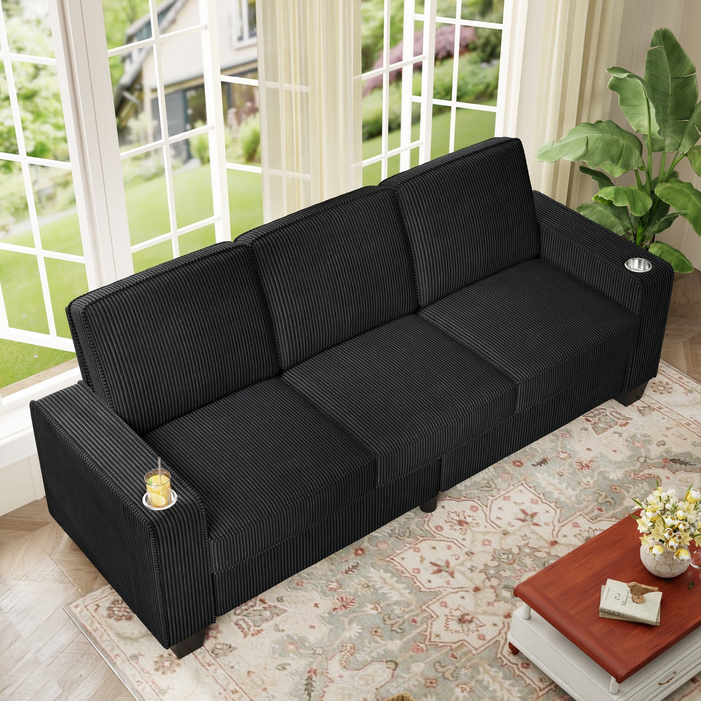 Muumblus 83.5" Living Room Sofa with Cup Holders, Cozy Plush Upholstered Couch, Corduroy Sofa 3-Seater, Black