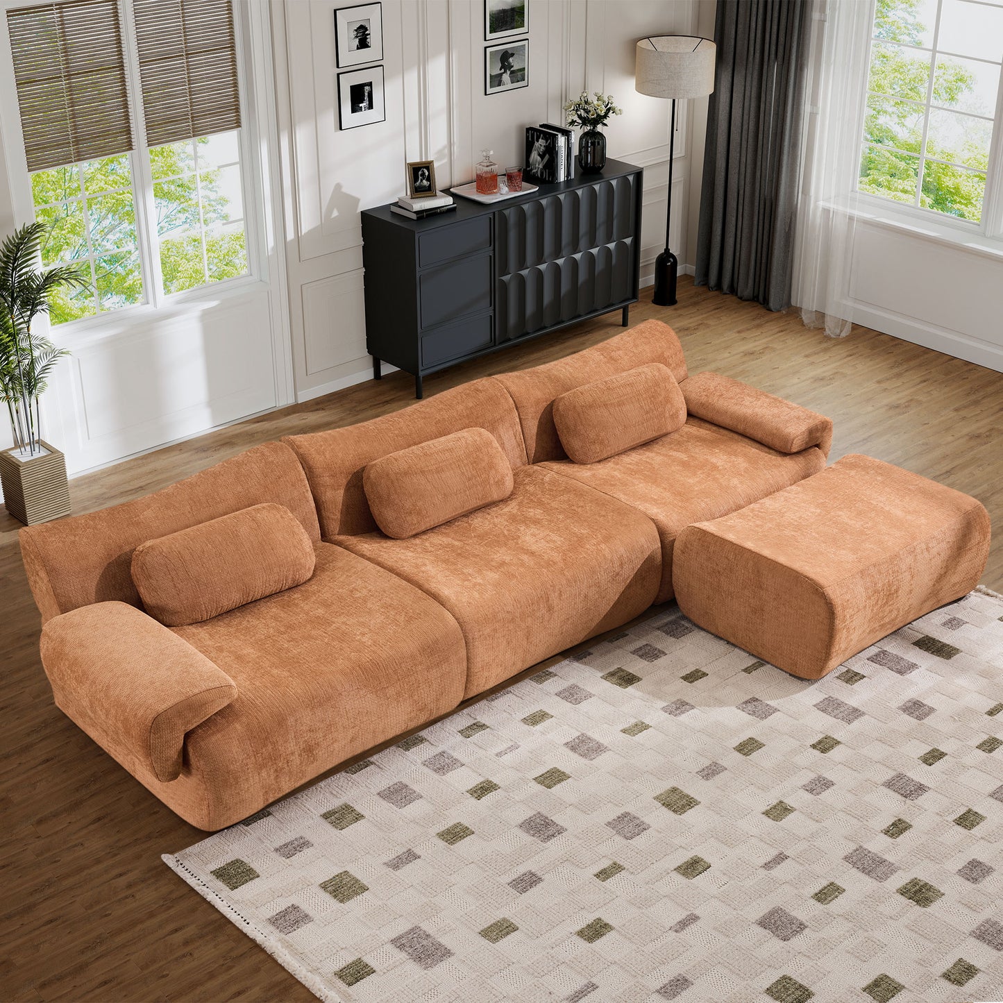 Muumblus Modular Sectional Sofa with Movable Ottoman, Oversized L-Shaped Cloud Sofa with Chaise, Boneless Deep Seat Living Room Couch, Black Chenille
