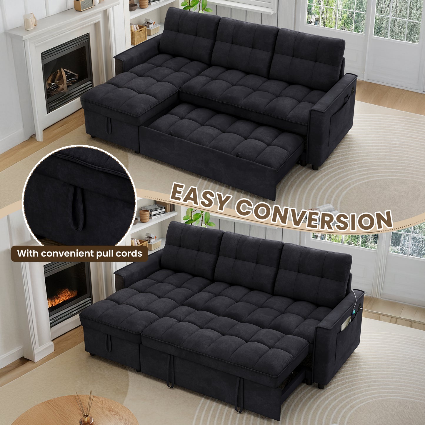 Muumblus Convertible Sofa Bed, Sectional Sleeper Sofa with Storage Chaise, L-Shaped Couch for Living Room, Black Chenille
