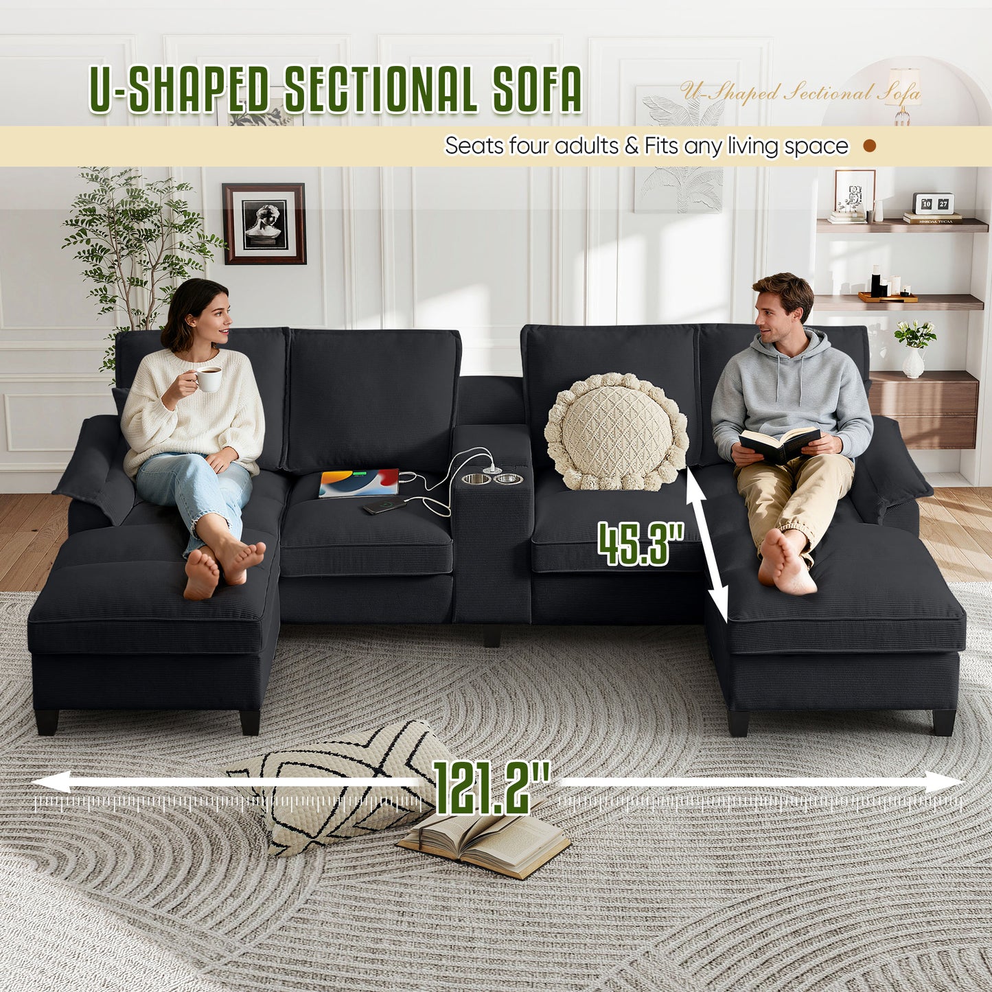 Muumblus 120" U-Shaped Sectional Sofa with USB & Storage, Living Room 4-Seater Couch with Double Chaise Lounge, Cup Holders, Beige Corduroy