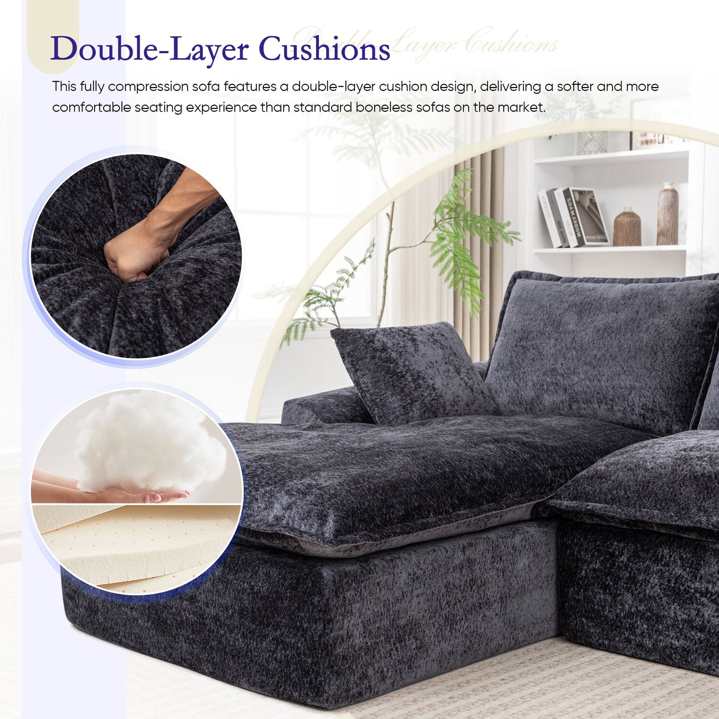 Muumblus 103" Boneless Sectional Sofa with Left Chaise, Comfy L-Shaped Modular Couch for Living Room, No Assembly Required, Black Chenille