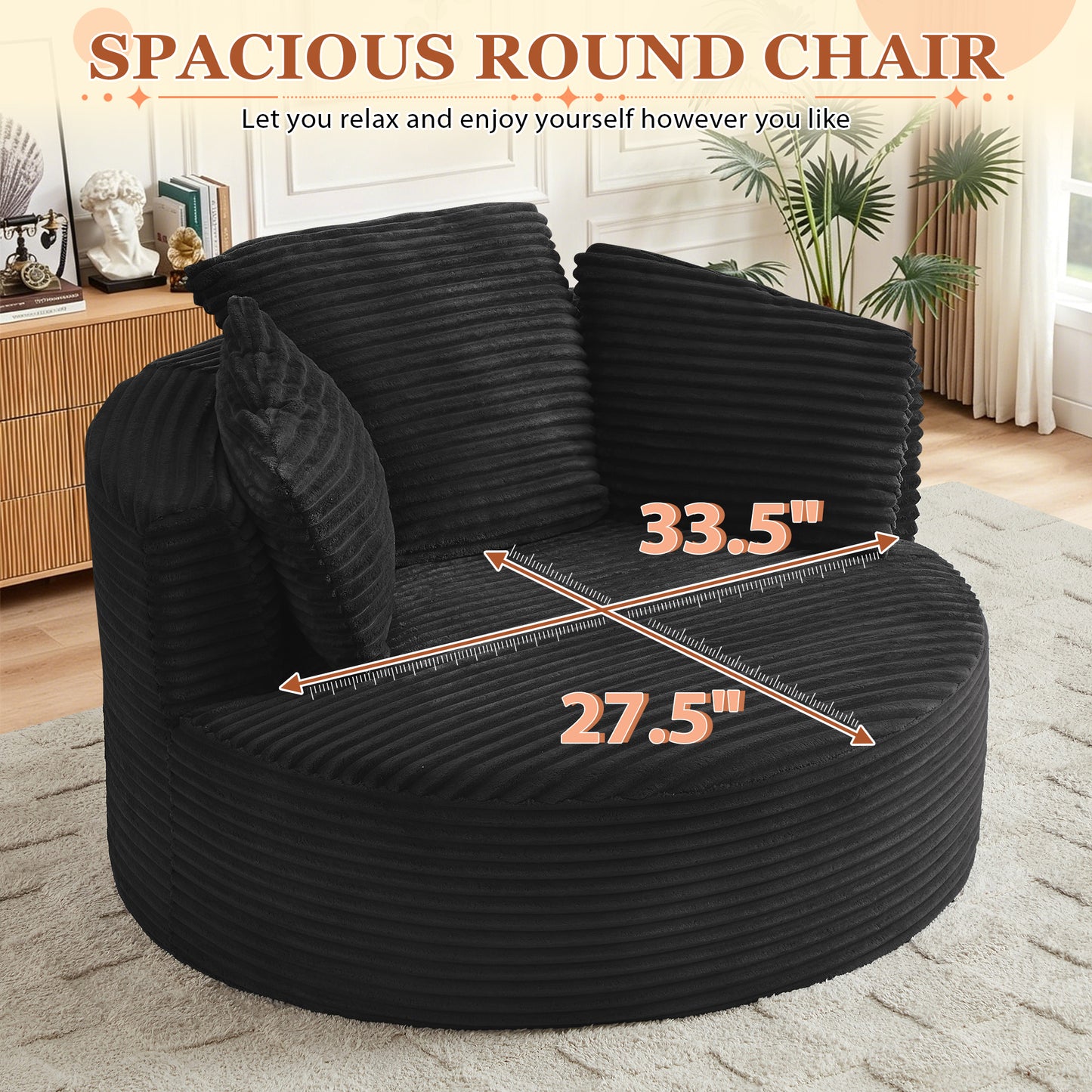 Muumblus 48.8" Oversized Accent Barrel Chair, Fluffy Round Lazy Sofa Chair for Adults, No Assembly Required, Black Corduroy