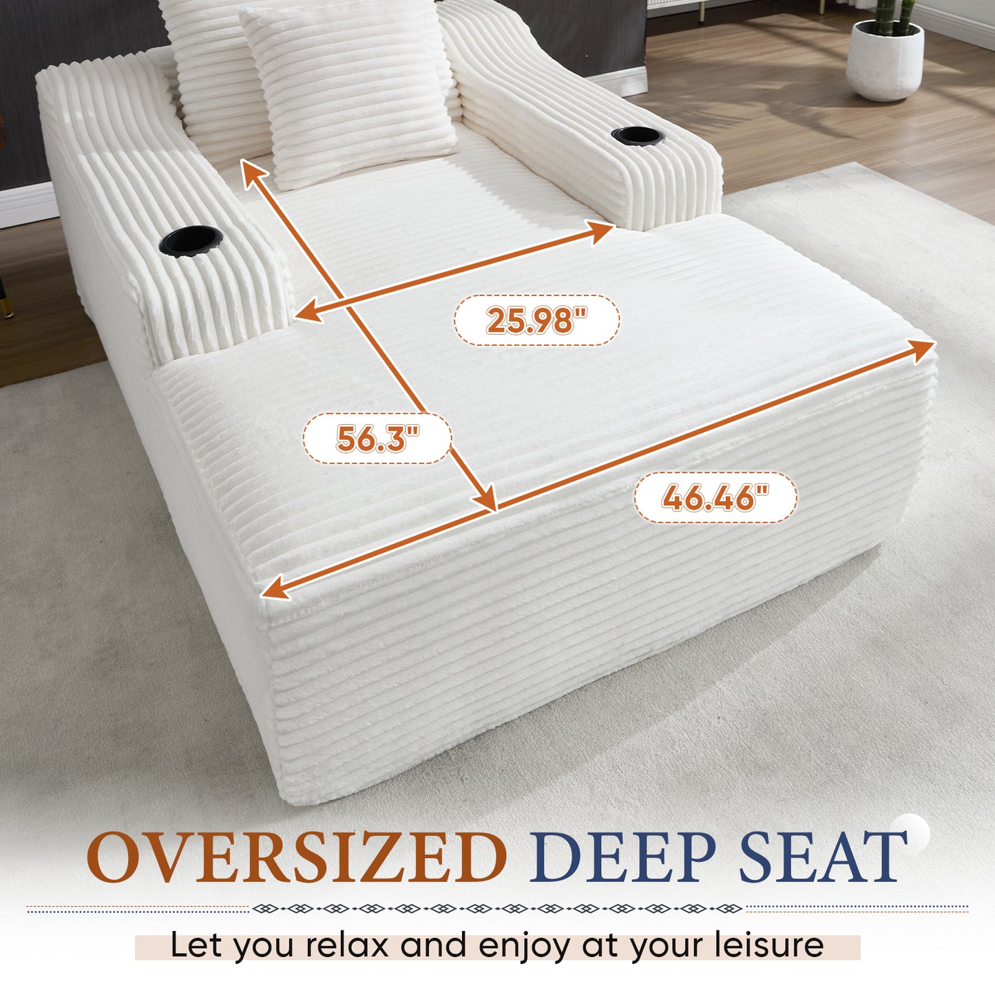 Muumblus Indoor Chaise Lounge Chair with Cup Holders, No Assembly Required, 67"D Oversized Deep Seat Cloud Couch, Corduroy Boneless Sleeper Sofa Bed for Livng Room, White