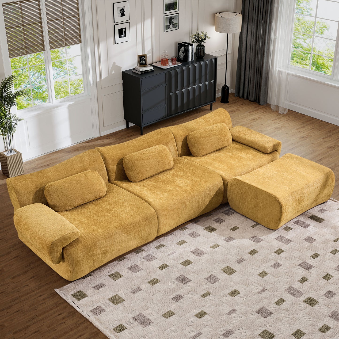 Muumblus Modular Sectional Sofa with Movable Ottoman, Oversized L-Shaped Cloud Sofa with Chaise, Boneless Deep Seat Living Room Couch, Black Chenille