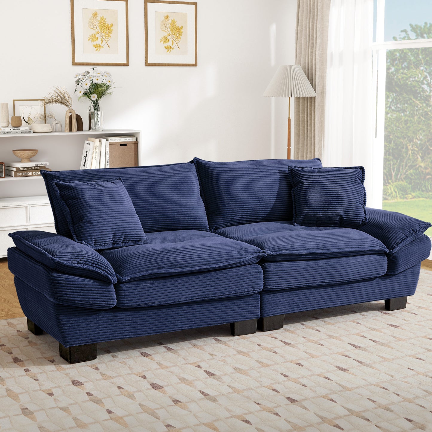 Muumblus 80"L Corduroy Deep Seat Sofa, Upholstered 3-Seater Sleeper Couch for Living Room, Black