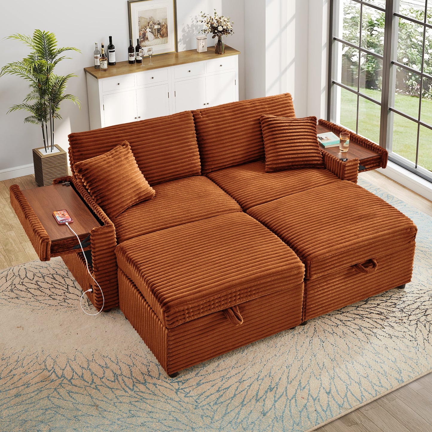 Muumblus Modular Sectional Sofa with 2 Storage Ottomans, 2 Side Tables & USB, Cozy Double Chaise Lounge Cloud Sofa, Plush Corduroy Sleeper Bed Couch for Living Room, White