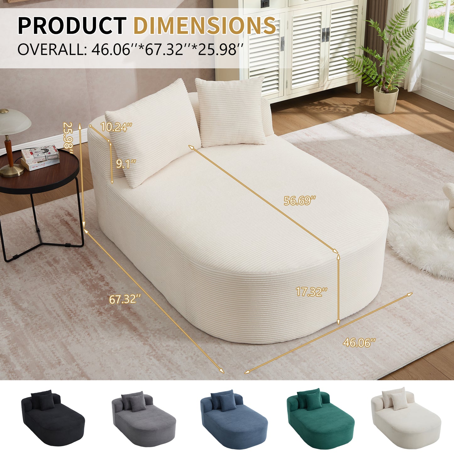 Muumblus 67.5" Oversized Chaise Lounge Indoor Furniture, No Assembly Boneless Cloud Couch, Deep Seat Corduroy Sleeper Sofa Bed for Living Room, Beige