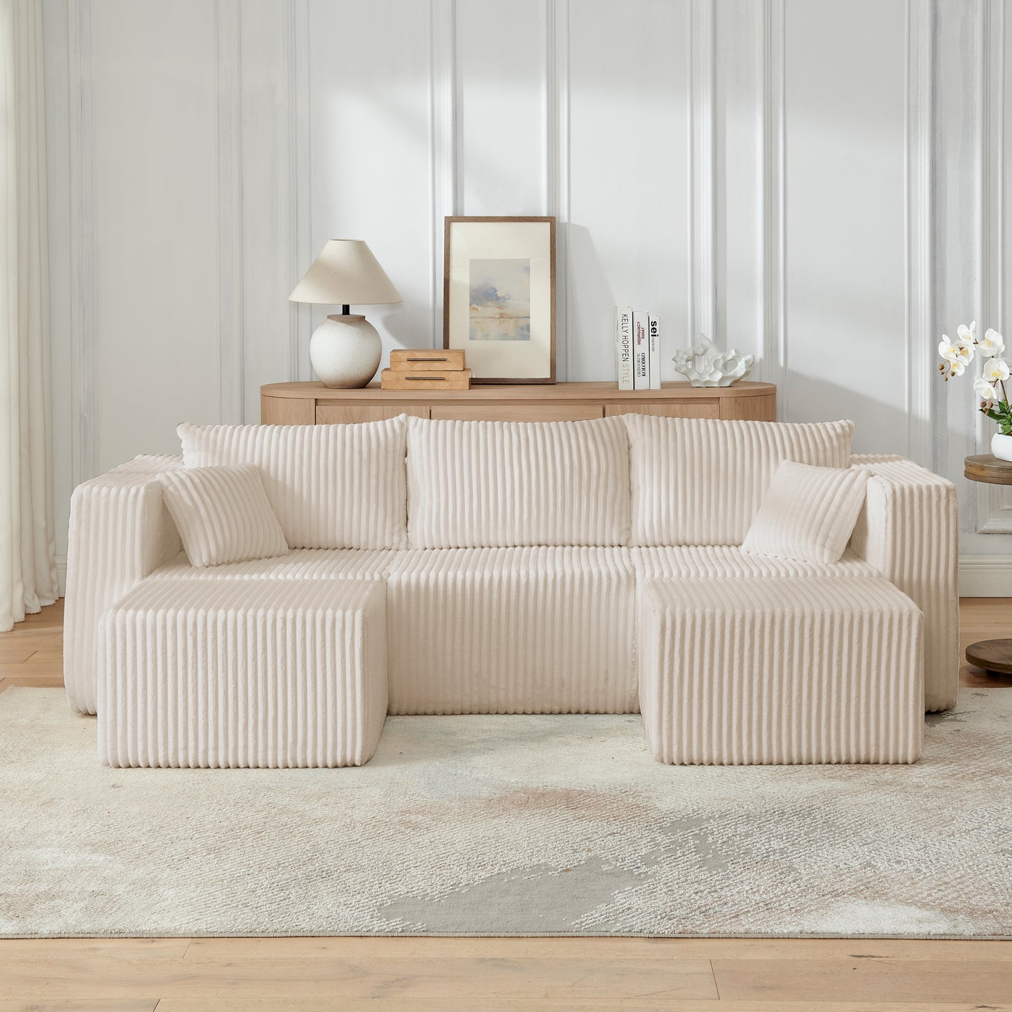 Muumblus U-Shaped Modular Sectional Sofa with 2 Movable Ottomans, Boneless Cloud Couch, No Assembly Sofa Set for Small Spaces, Living Room, Black Corduroy