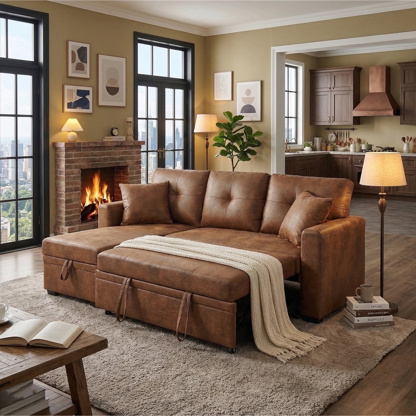 Muumblus Convertible Pull Out Sofa Bed, L-Shaped Sectional Sleeper Couch with Storage Chaise, Vintage Faux Leather Look, Brown Polyester Fabric