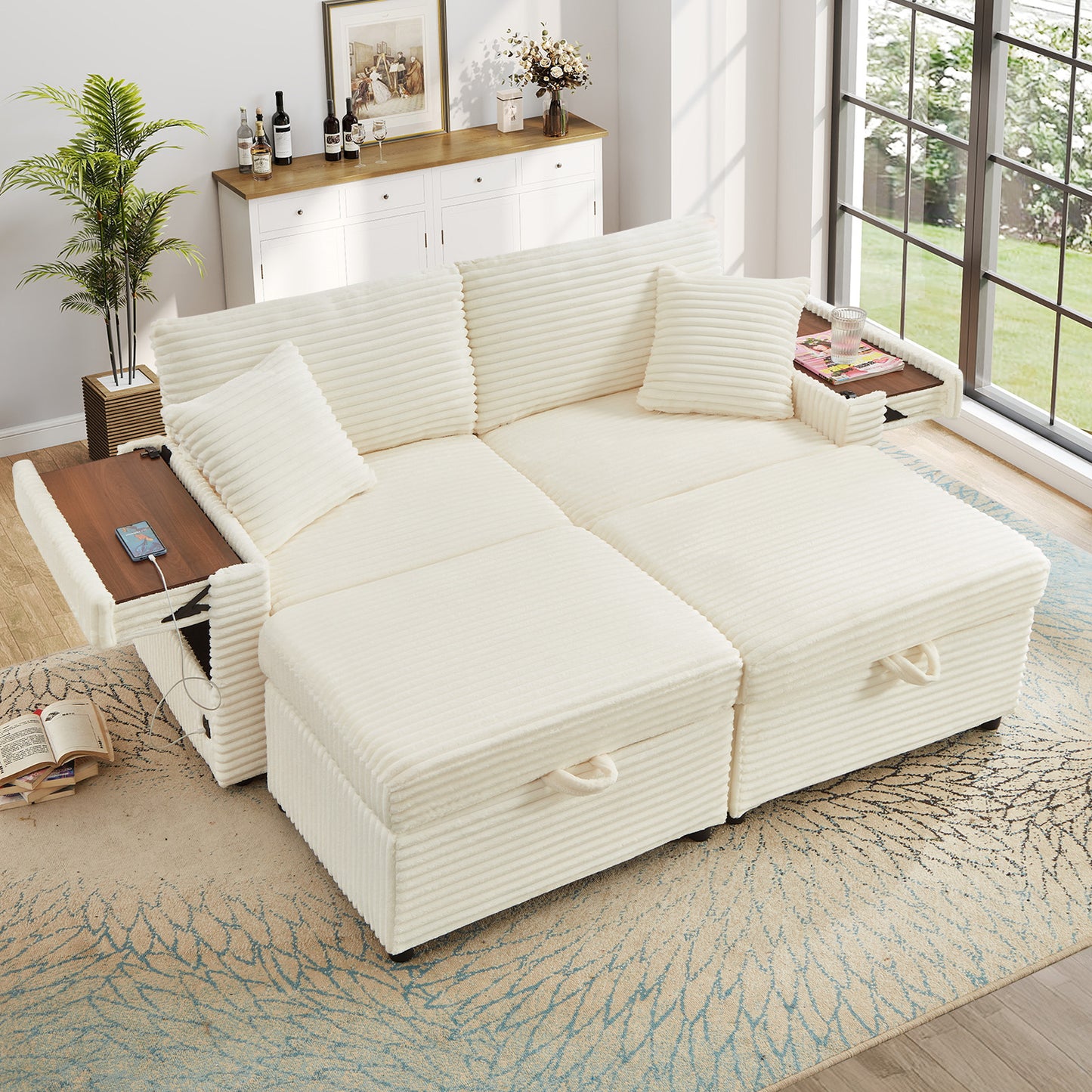 Muumblus Modular Sectional Sofa with 2 Storage Ottomans, 2 Side Tables & USB, Cozy Double Chaise Lounge Cloud Sofa, Plush Corduroy Sleeper Bed Couch for Living Room, White