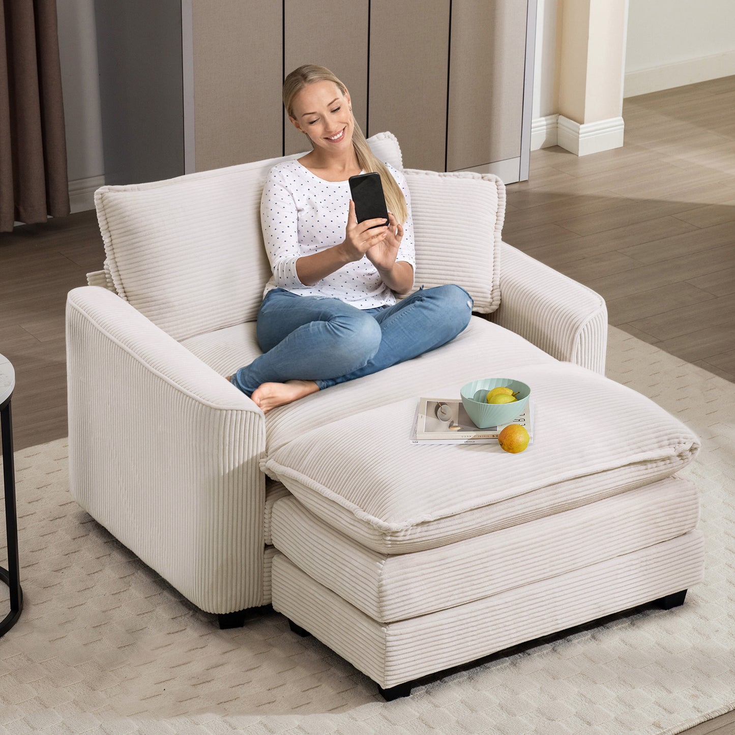 Muumblus 46" Indoor Lounge Chair with Ottoman, Corduroy Cozy Accent Armchair for Living Room, Beige
