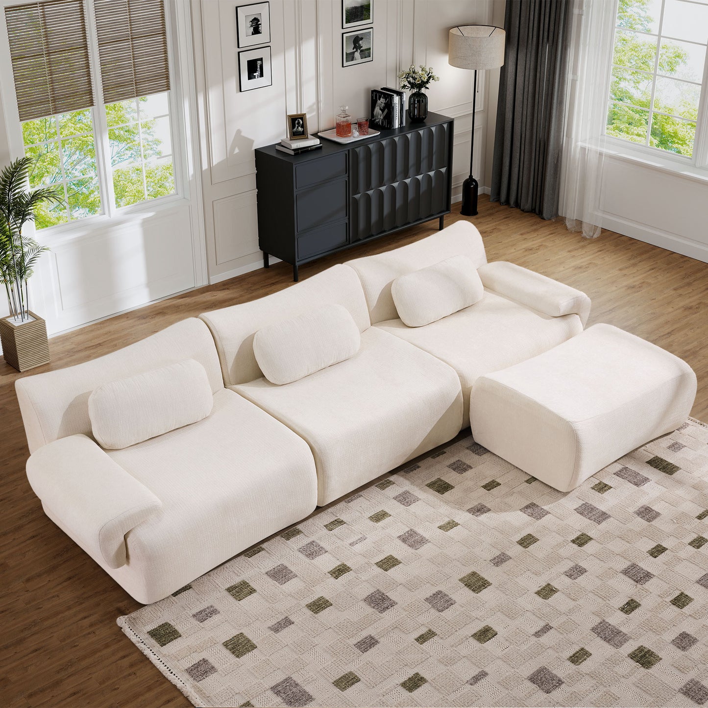 Muumblus Modular Sectional Sofa with Movable Ottoman, Oversized L-Shaped Cloud Sofa with Chaise, Boneless Deep Seat Living Room Couch, Black Chenille