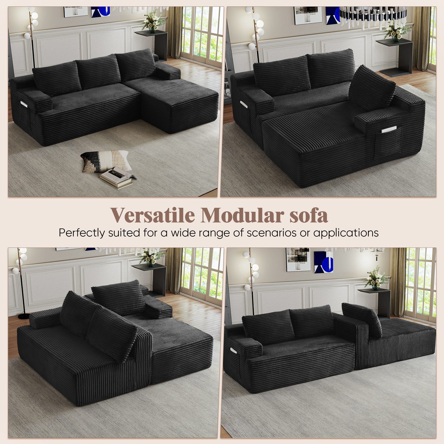Muumblus L-Shaped Modular Sectional Sofa with Chaise, Boneless Deep Seat Cloud Couch, No Assembly Corduroy Sleeper Sofa for Living Room, Black（Right Facing Chaise）
