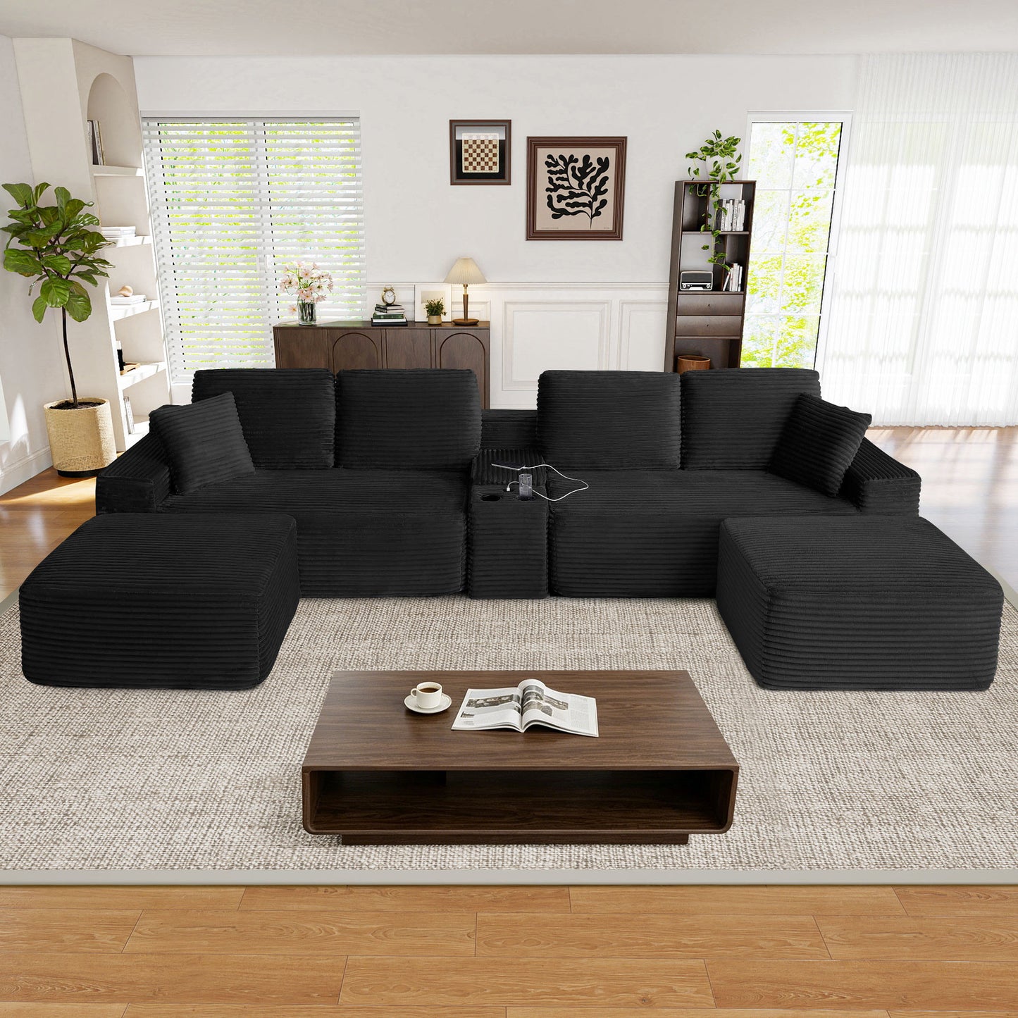 Muumblus 125" Cloud Sectional Sofa with Storage Console, U-Shaped Modular Couch with 2 Ottomans, USB, Cup Holders, Oversized Corduroy Living Room Sofa, Black