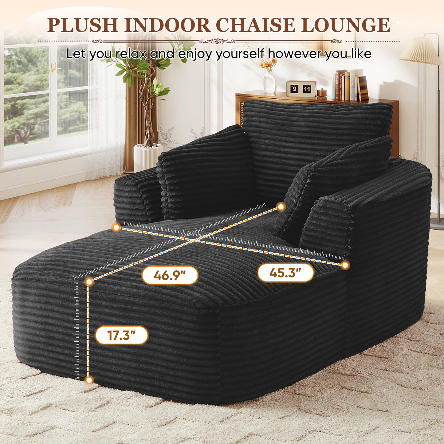 Muumblus Chaise Lounge Indoor, Cozy Lounge Chair Sleeper Sofa for Adults, No Assembly Required, Black Corduroy