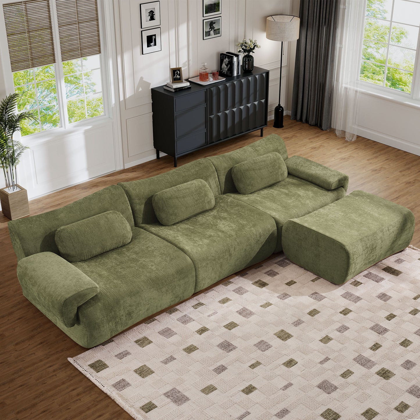 Muumblus Modular Sectional Sofa with Movable Ottoman, Oversized L-Shaped Cloud Sofa with Chaise, Boneless Deep Seat Living Room Couch, Black Chenille