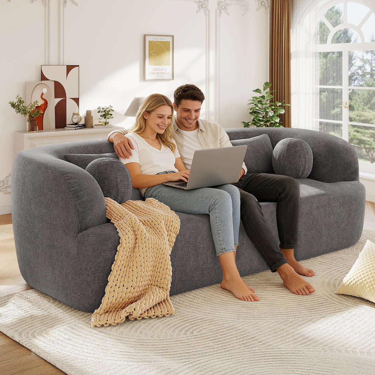 Muumblus 86“ Chenille Boneless Sofa, Modern Upholstered Living Room Couch, Cozy Curved 3-Seater Cloud Sofa, Gray