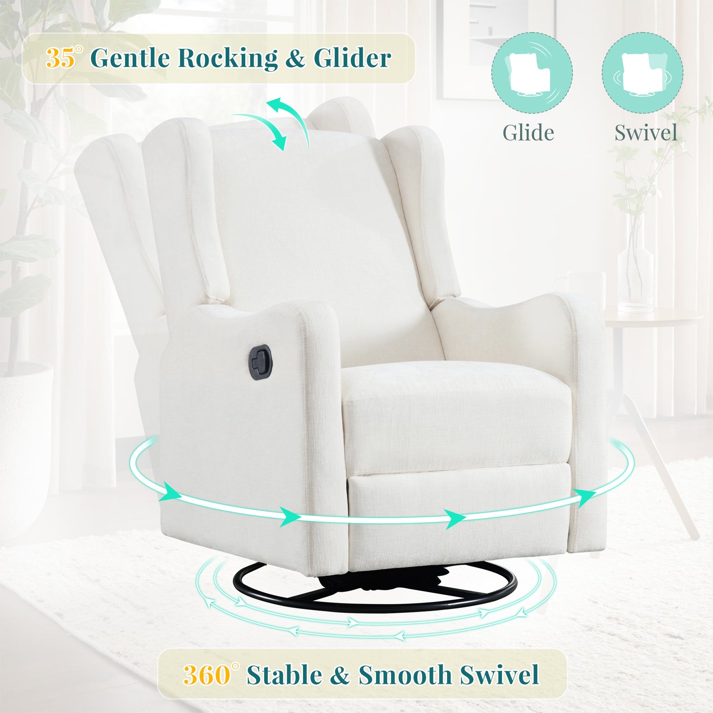 Muumblus Wingback Swivel Recliner, Glider Rocking Chair for Living Room, Nursery Rocker, Beige Chenille